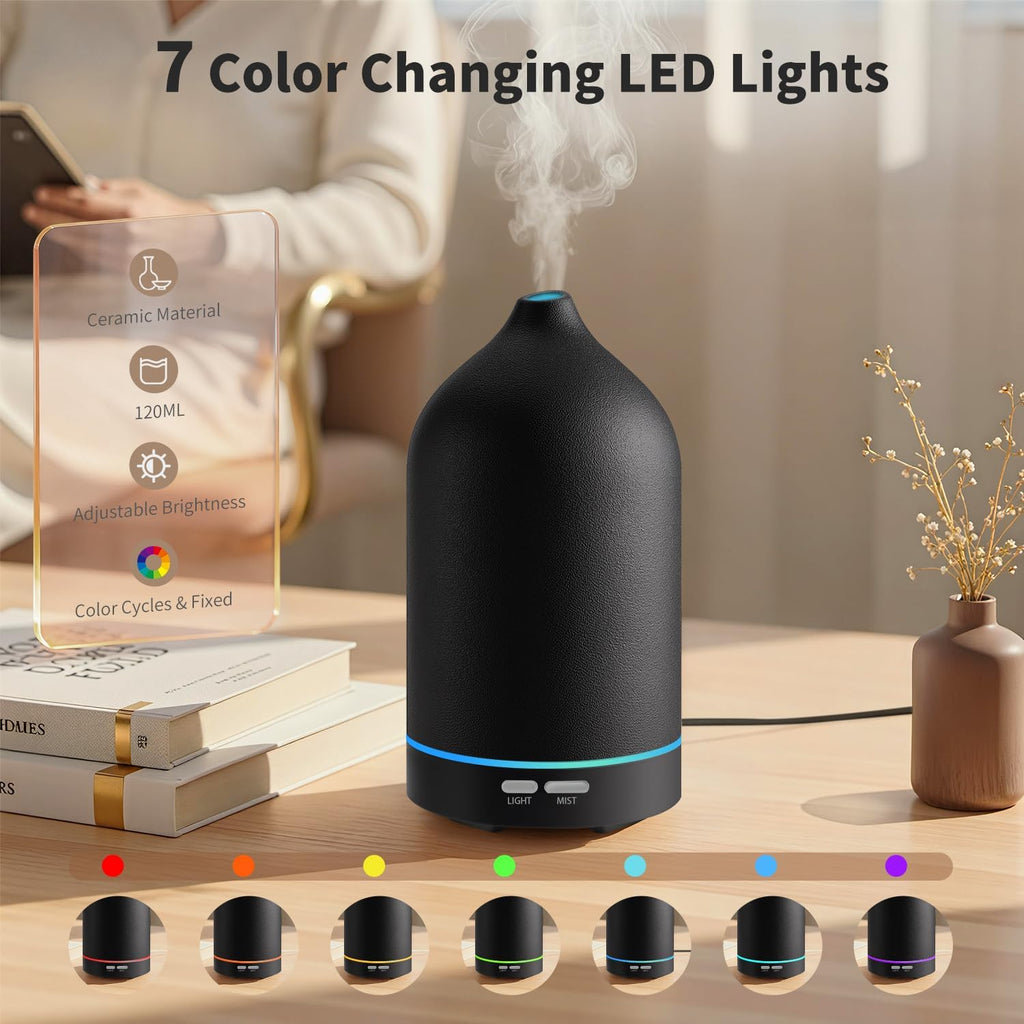 URPOWER 120ML Essential Oil Diffuser, Ultrasonic Aromatherapy Diffuser with Sleek Black Ceramic Design, 7-Color LED Lights, Auto Shut-Off, Humidifier for Home & Office, Scent Diffuser for Relaxation