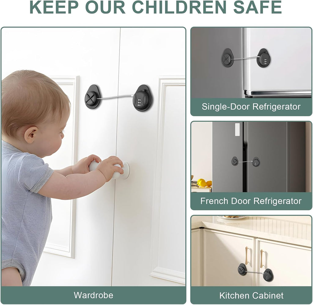 2 Pack Latest Baseball Style Child Safety Refrigerator Lock with 3 Digit Combination Code; Baby Proofing Cabinet Latches for Fridge, Closet, Drawer & Freezer (Black)