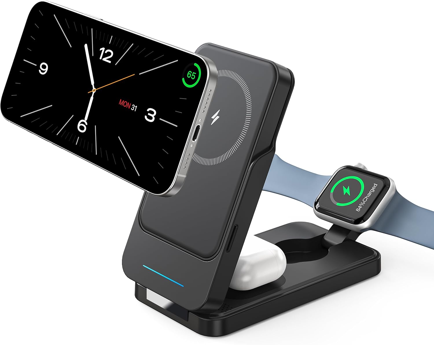 ANJANK 3 in 1 Portable Wireless Charging Station, Removable 5000mAh Mag-Safe Power Bank, Foldable Travel Magnetic Charger Stand for iPhone 17 16 15 14 13 12 Pro Max Plus, Apple Watch Series, AirPods