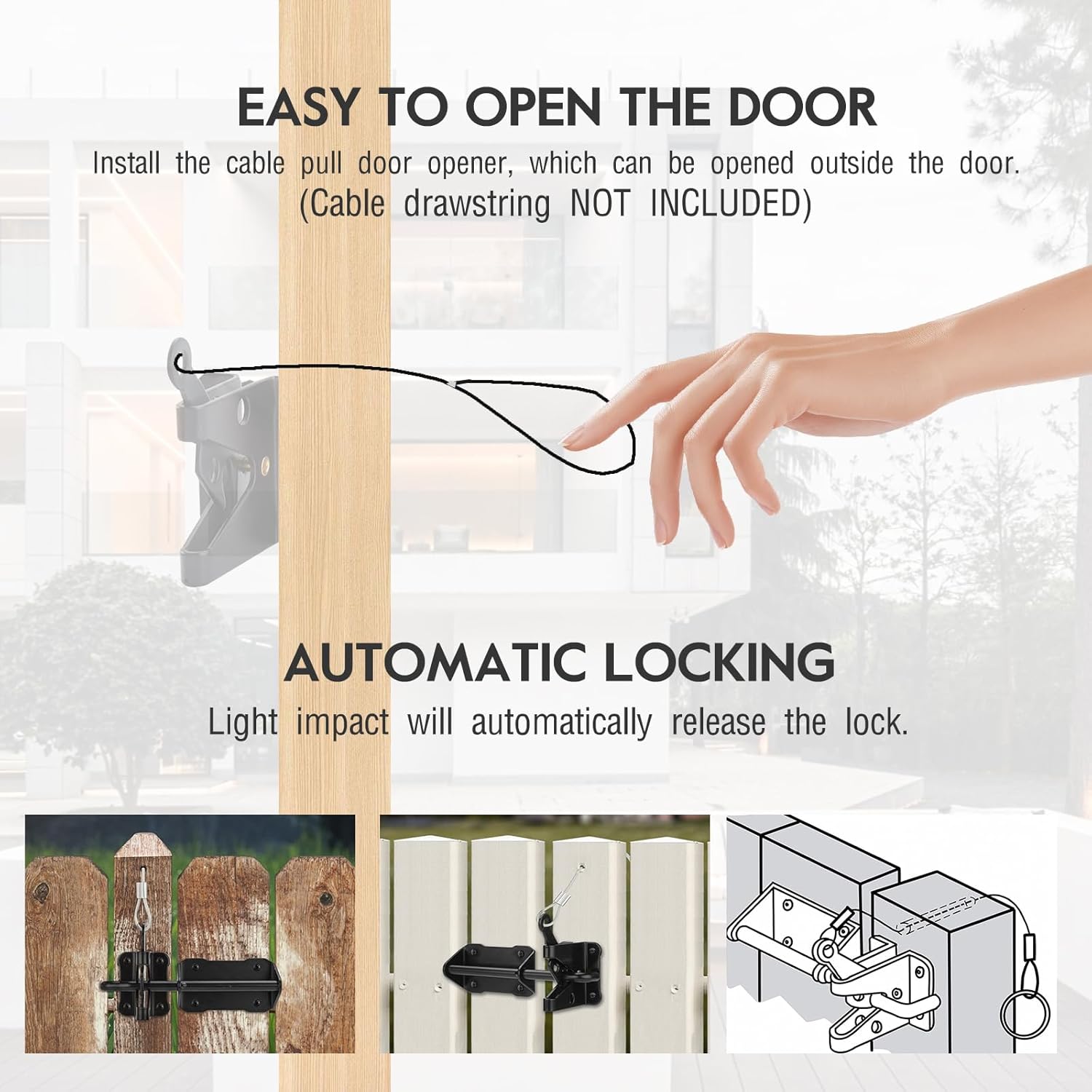 HOME MASTER HARDWARE Heavy Duty Automatic Gate Latch for Wooden Fence, 7-1/2" Black Self Locking Door Latches, Security Latches Hardware for Wood Gates, Vinyl Fence, Garden and Metal Gates