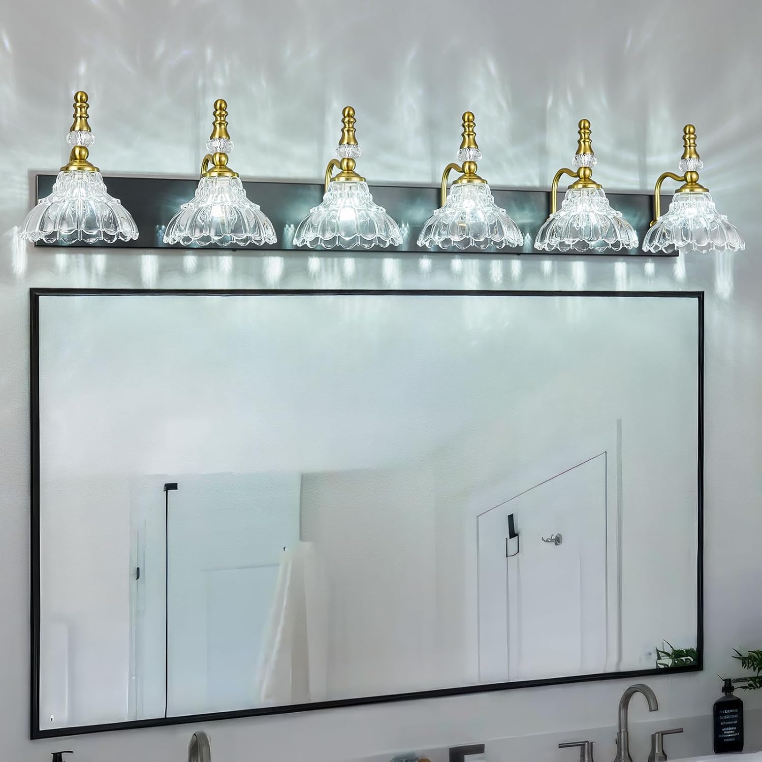 Vintage Bathroom Vanity Light, 6-Light Black Gold Vanity Lighting Fixture with Flower Glass Shade, Bathroom Lighting Fixtures Over Mirror
