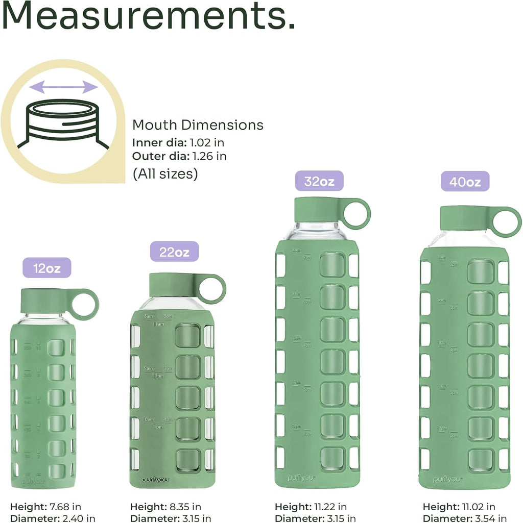 purifyou 40oz / 32oz / 22oz / 12oz Borosilicate Glass Water Bottle with Time & Volume Markers, Silicone Sleeve, Stainless Steel Lid | Reusable Glass Bottle for Water & Juice (12oz Shale Green)