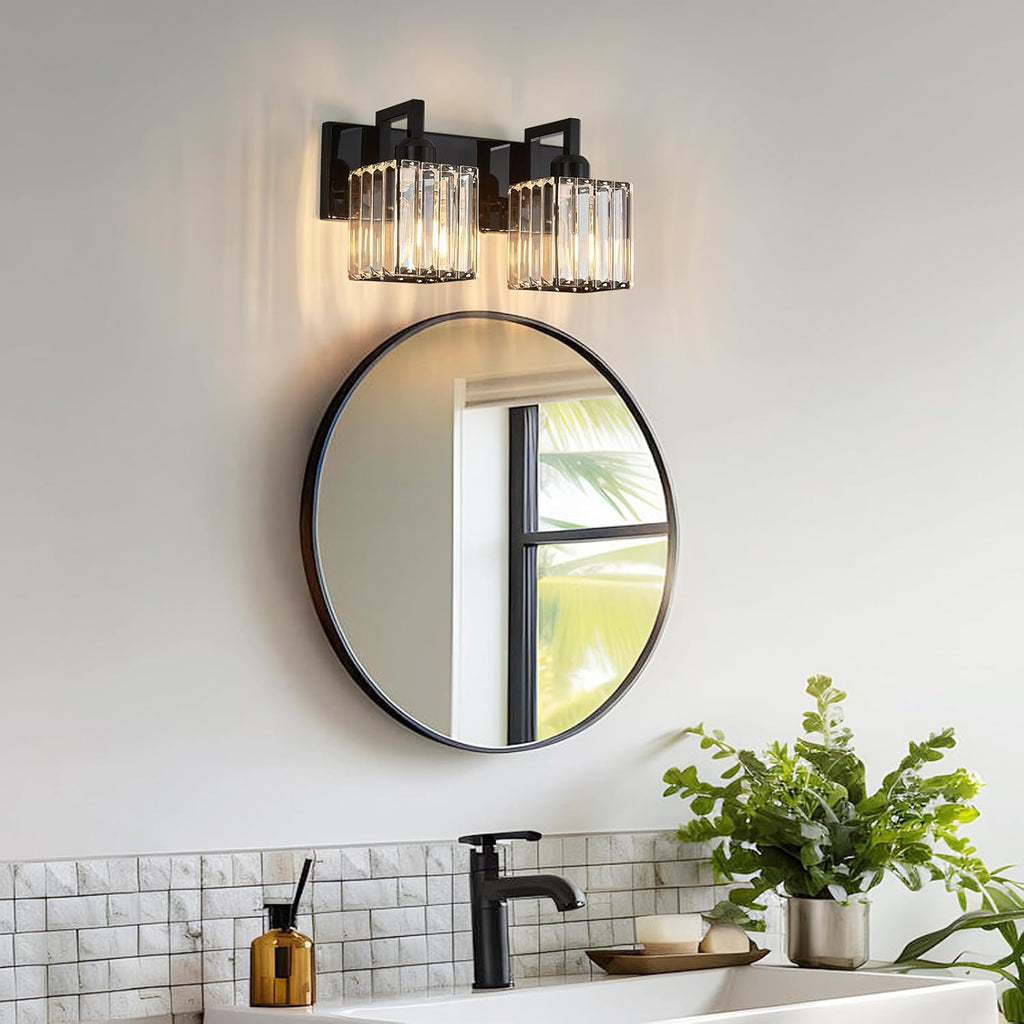 Modern Bathroom Vanity Light 2-Lights Plating Black Vanity Light Crystal Wall Light Bathroom Light Fixtures
