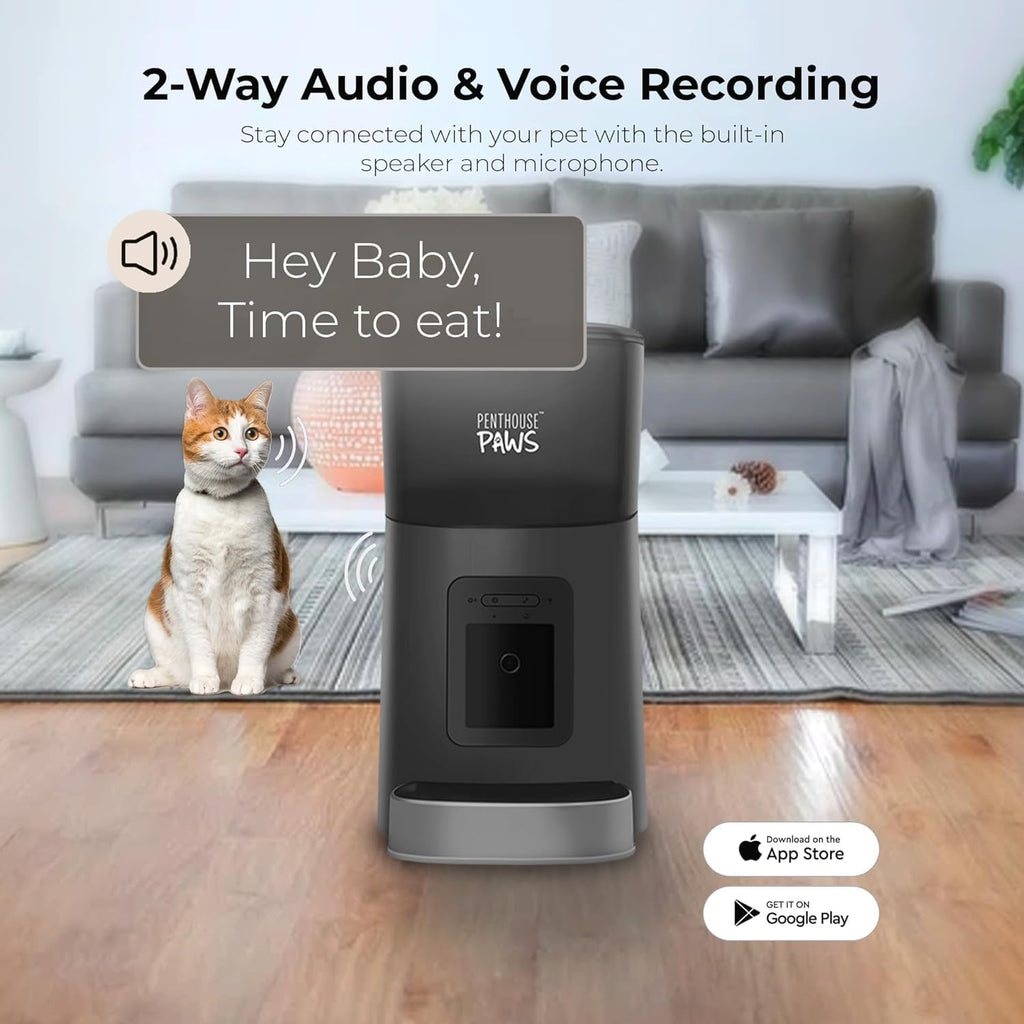 Smart HD Automatic Cat Feeder with 1080P Camera & Night Vision, 2-Way Audio, WiFi App Control, Anti-Jam 6L Cat Feeder with Backup Power, Easy to Clean, Up to 15 Meals for Cat & Dog, Black Stainless