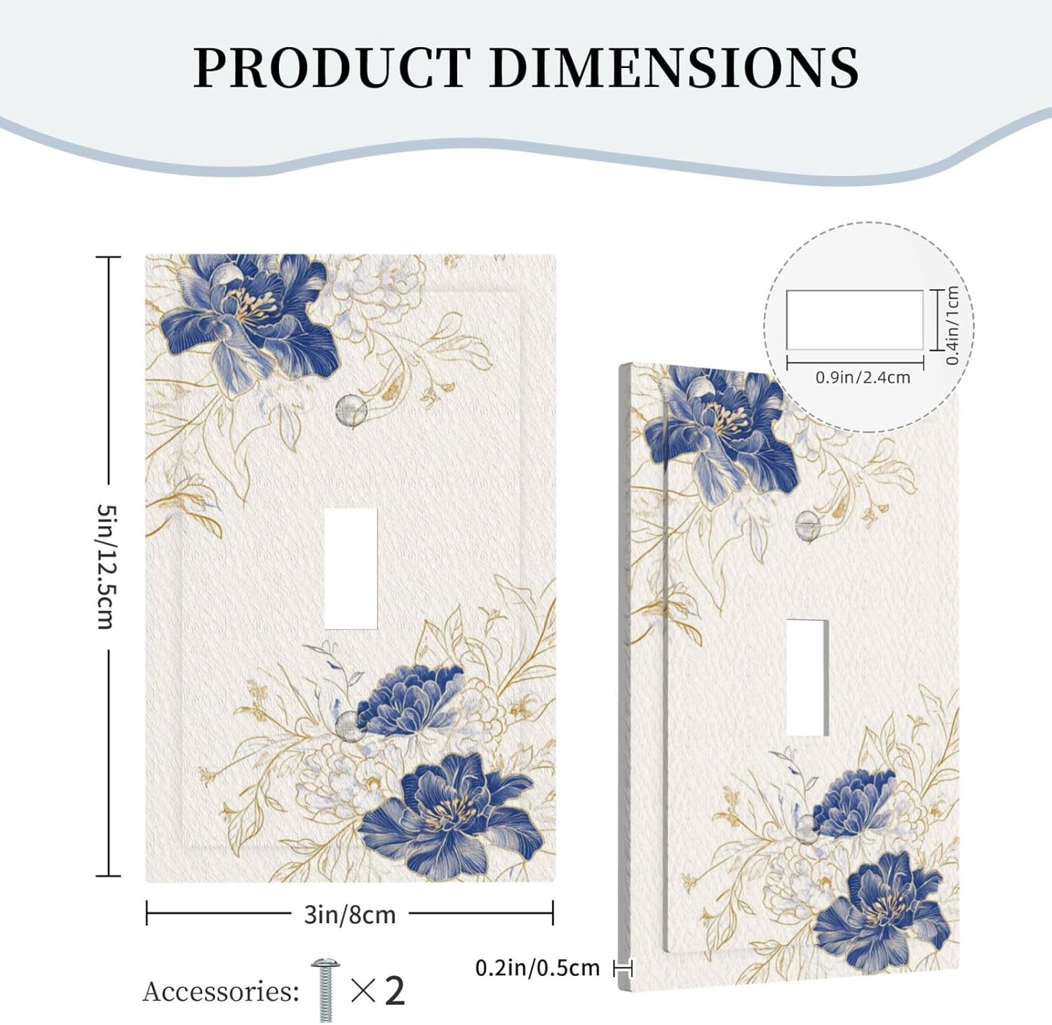 Decorative Light Switch Cover Plate Rustic Blue Flower Floral Gold Leaf 1 Gang Single Toggle Wall Plates for Electrical Outlet Covers Switch Plate Covers Faceplate for Bedroom Home Decor