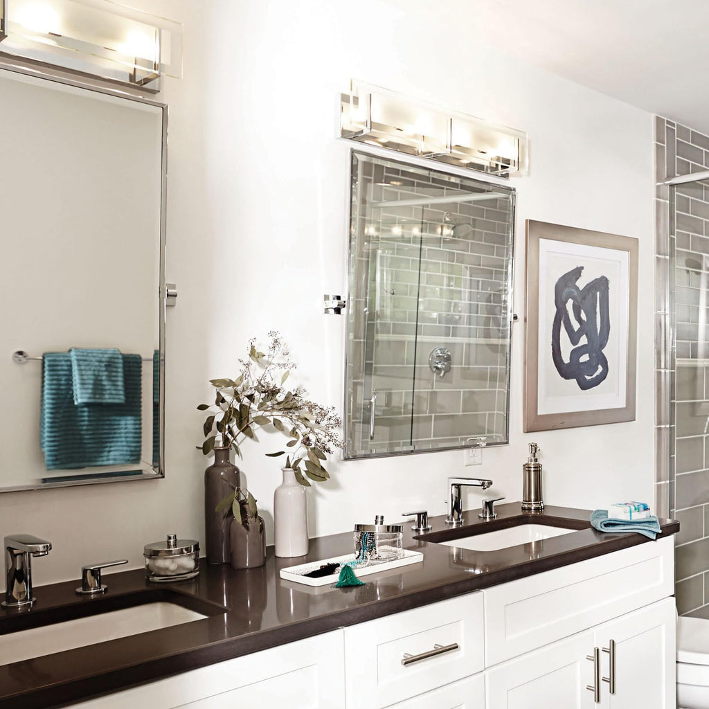 Hinkley Latitude Large Four Light Bath Vanity - Modern, Inside Etched Clear Glass Panel, Bulbs Included - Chrome Finish