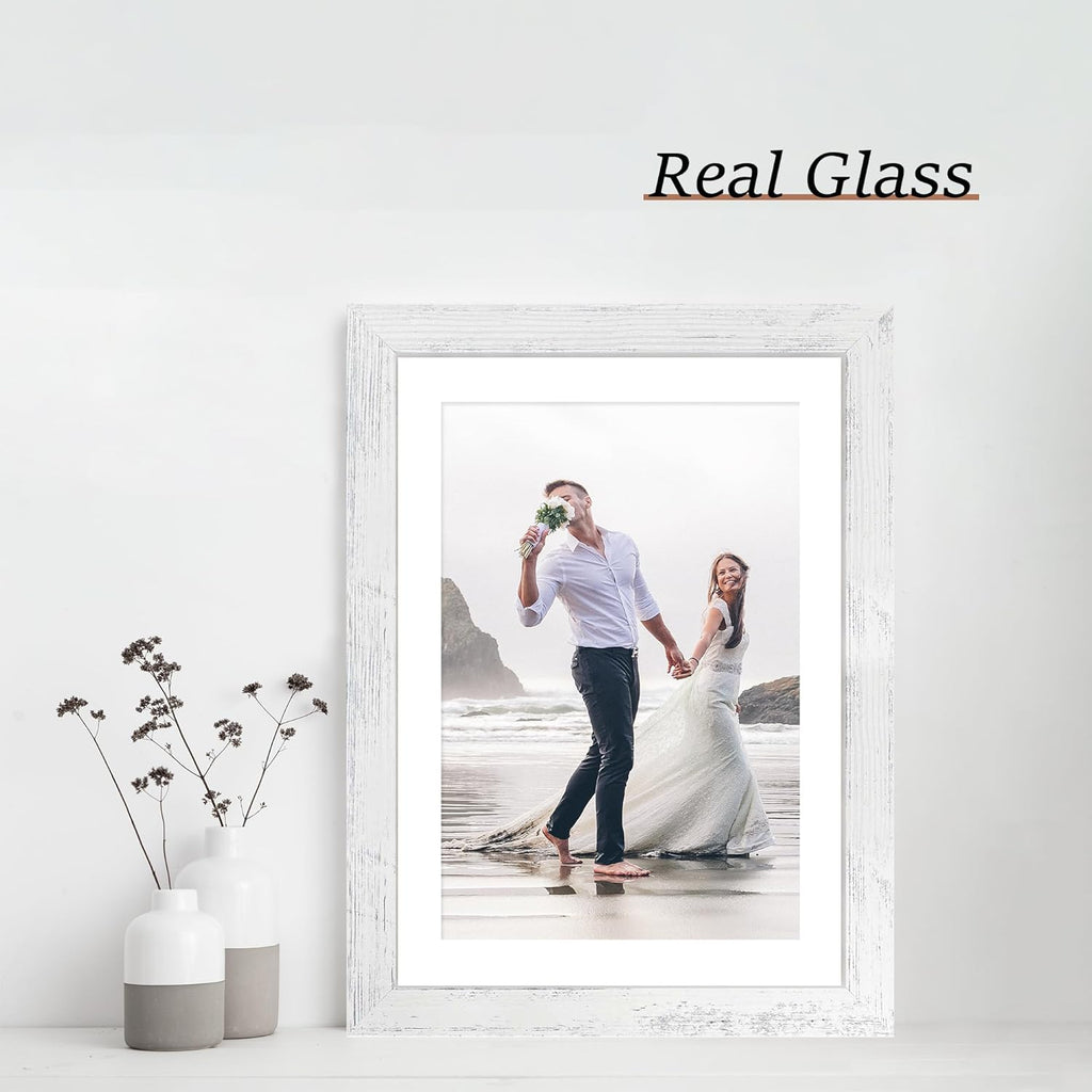 iRahmen 10x14 Picture Frame Set of 4 with Tempered Glass, Distressed White Frame Display 8x12 Picture with Mat or 10 x 14 Without Mat, Wood Rustic Photo Frames for Horizontal or Vertical Wall Mounting