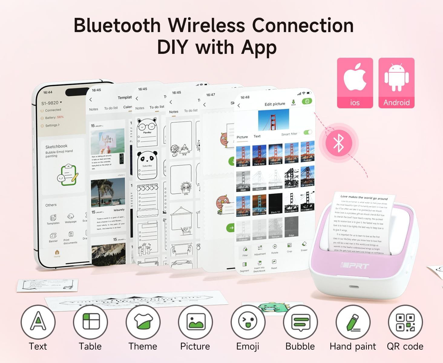 iDPRT Portable Sticker Maker Machine with 1 Roll Sticker Paper, Mini Printer Efficiently and Quickly, Thermal Printer for Study Notes, Pictures, DIY, Label, Free App with Multiple Templates, Pinkcolor