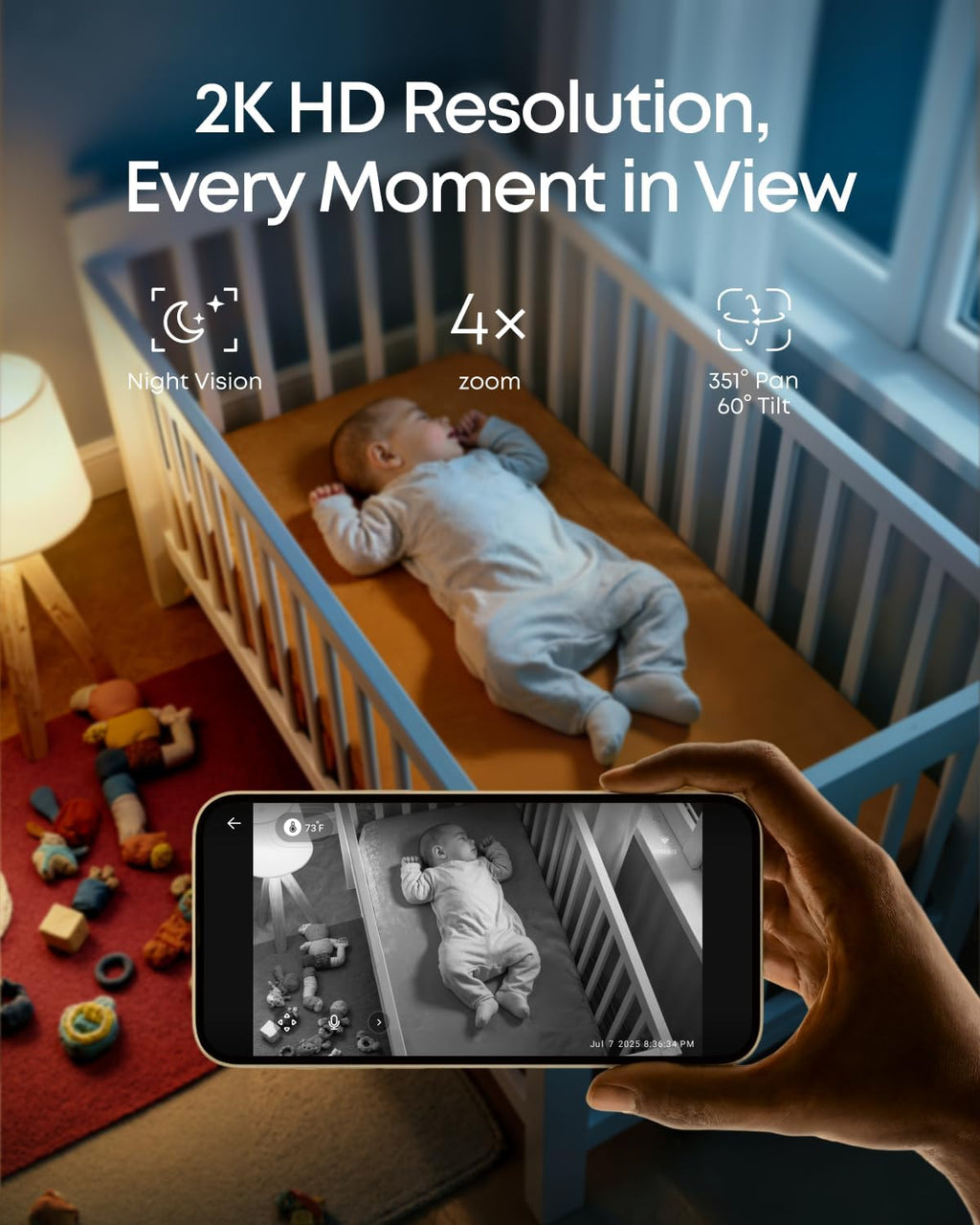 eufy Baby Monitor C10 with 2K HD Camera, 4.5" 480p Display, 4× Zoom, Pan-Tilt, Night Vision, Hybrid Wi-Fi & No Wi-Fi Connection, 12 H Battery, Motion, Cry, Noises, Temperature Alters, 2-Way Talk, VOX