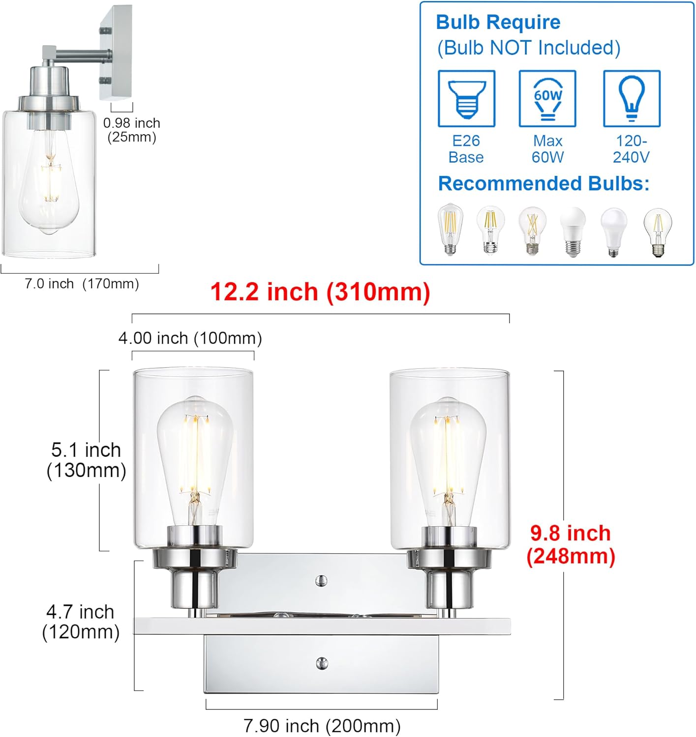 MELUCEE Sconces Wall Lighting Chrome 2-Light, Modern Bathroom Lights Over Mirror Contemporary Vanity Lighting Fixture with Clear Glass Shade (Patent No.: US D963914 S)