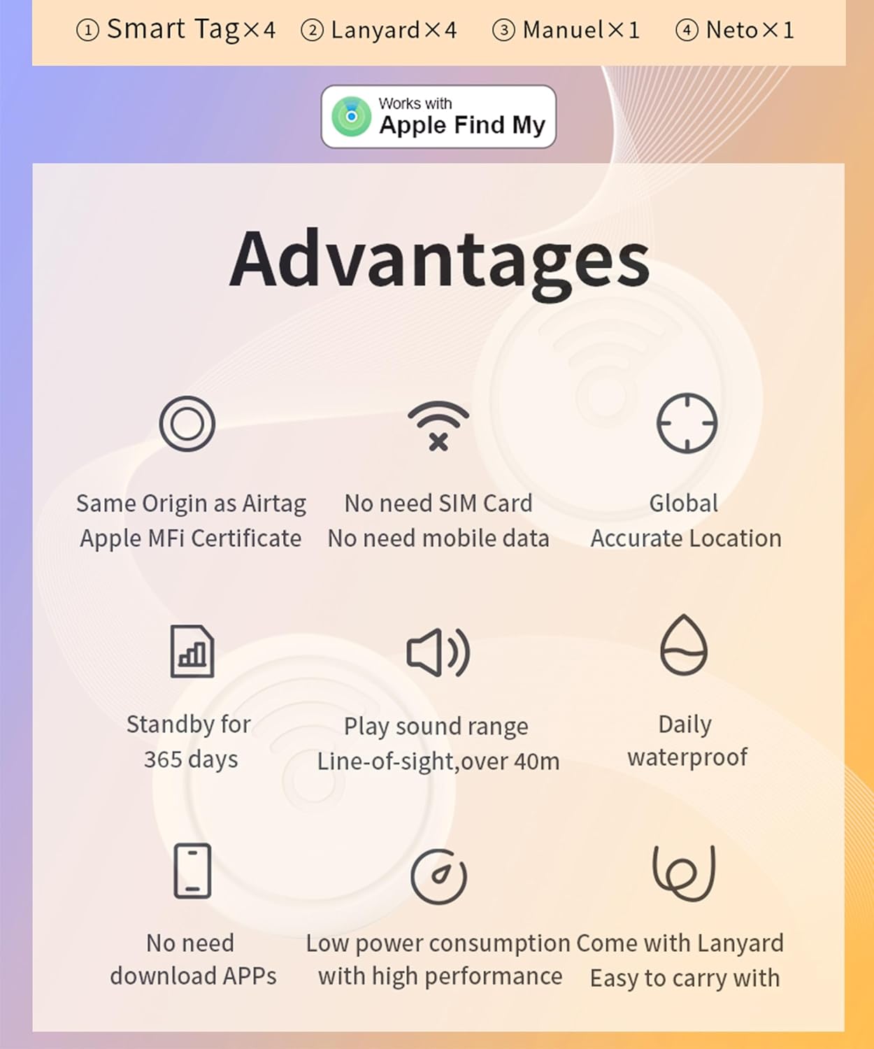 Air Tags-4 Pack: High Capacity Battery | IP65 Waterproof, Smart Tags Works with Apple Find My (iOS only) Bluetooth Tracker Tag Locator for Keys,Luggage,Backpack etc