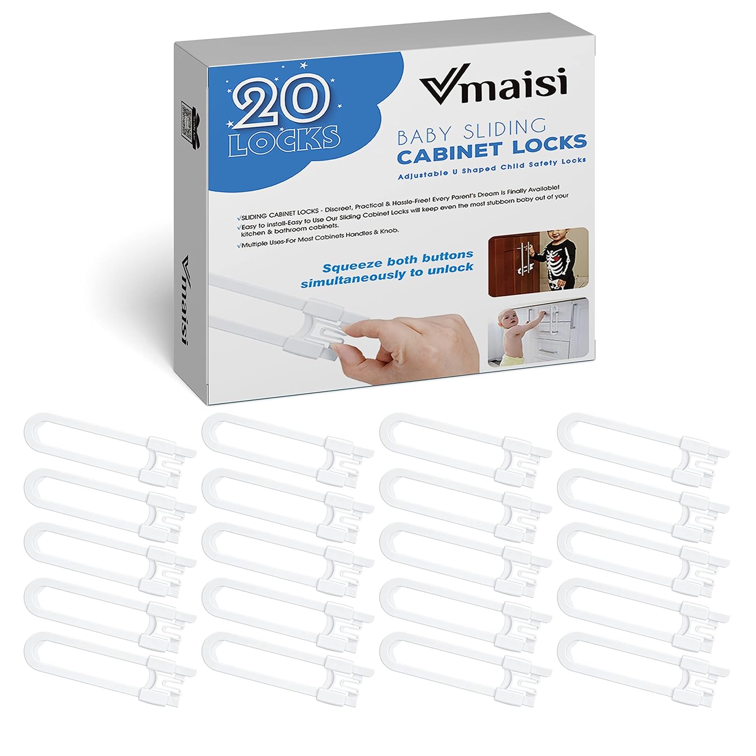 Vmaisi 20 Pack U Shaped Sliding Cabinet Locks Baby Proofing - Adjustable Child Safety Locks,Childproof Latches for Kitchen Bathroom Storage Cupboards Doors, Handles and Knobs White