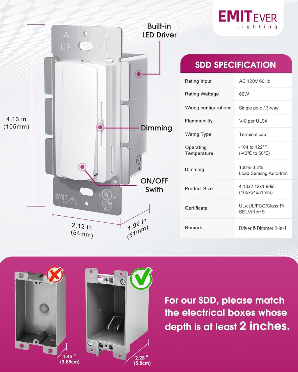 Dimmer Light Switch & 12V 60W Dimmable LED Driver 2 in 1, UL Listed Single-Pole or 3-Way Slide Dimmer Switches for Led Strip Lights,120VAC to 12VDC Power Supply for Low Voltage Project, Glossy White