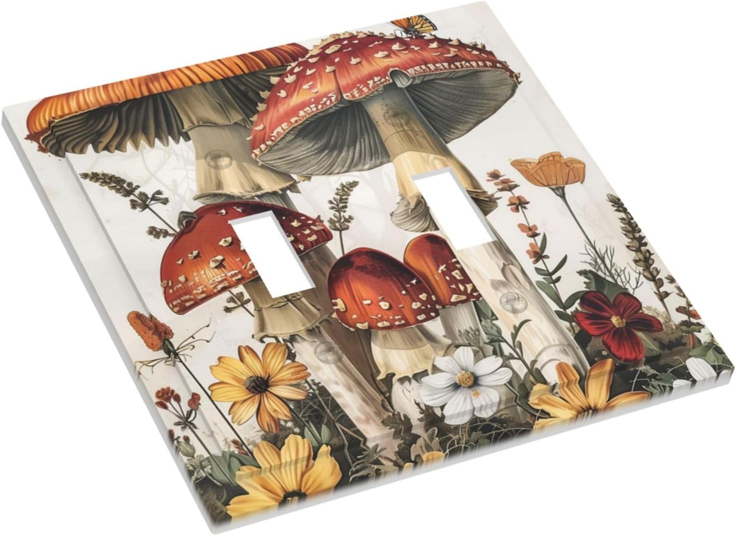 Decorative Switch Plates Mushroom Forest Butterfly Wild Flower 2 Gang Double Toggle Outlet Light Switch Cover Wall Plate Electrical Faceplate For Bed Room Living Room Decor