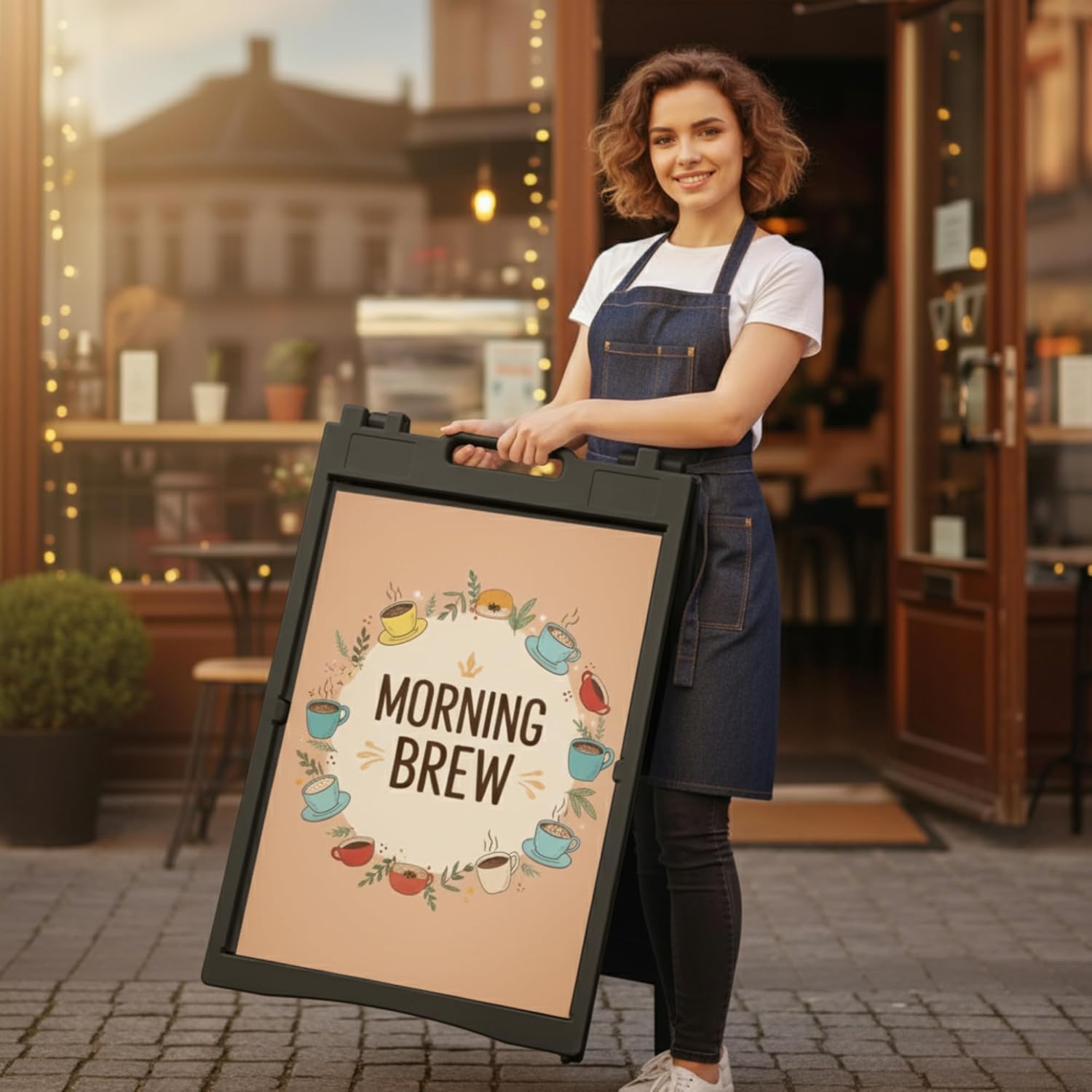 Deluxe A-Frame Sidewalk Sign, White, Double-Sided Display Board with Water-Fillable Base, 24x36 Inch Poster Size, Weather-Resistant PE Plastic (Black)
