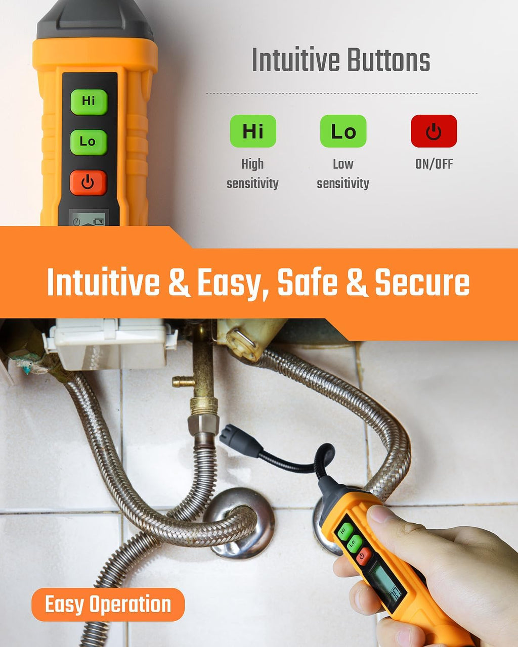 TopTes PT210S Gas Leak Detector, Natural Gas Detector with 4-inch Probe, Propane Leak Detector Locating Combustible Gases Like Natural Gas, Methane for Home, Measures%LEL (Incl. Batteries) - Orange