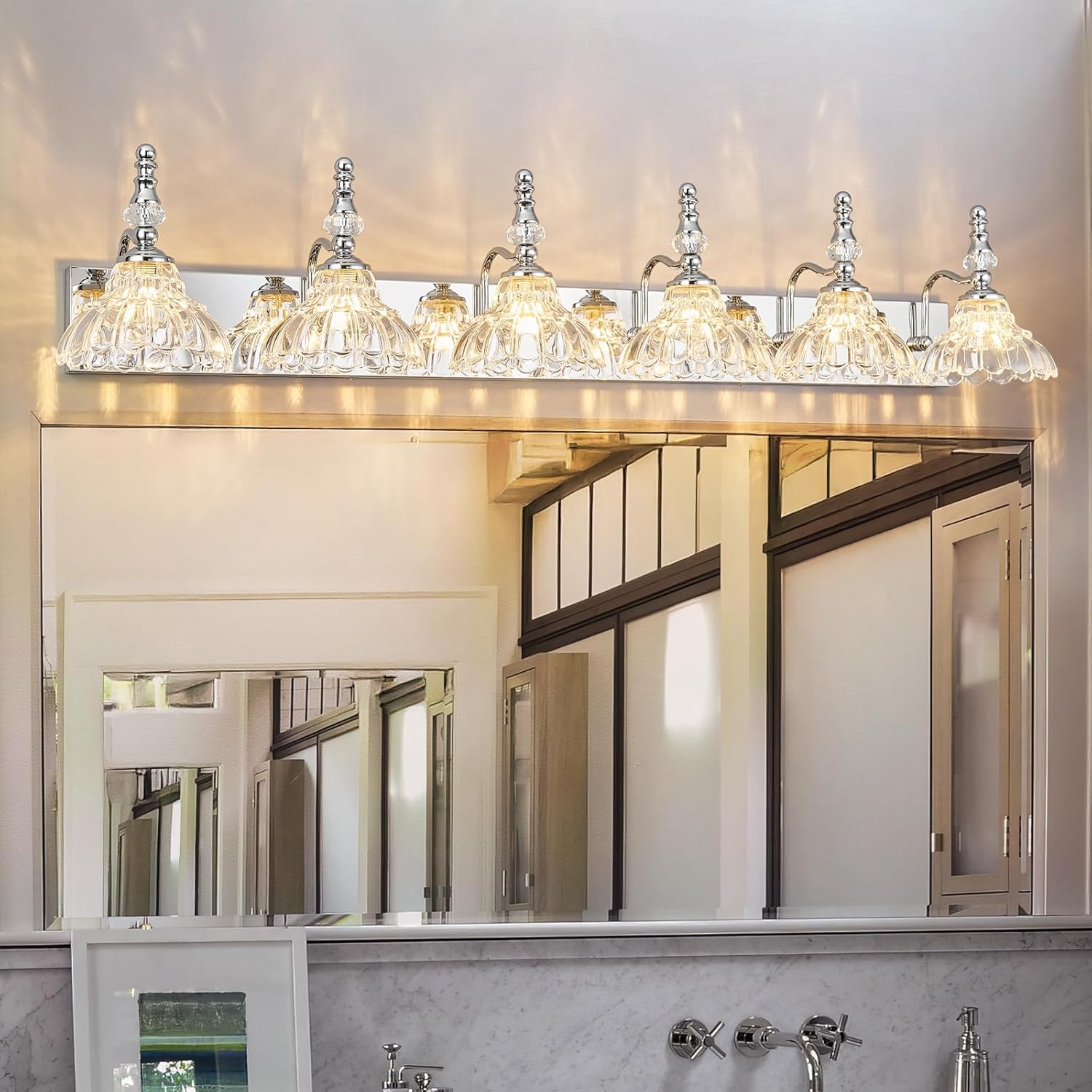 Vintage Bathroom Vanity Light, 6-Light Chrome Vanity Lighting Fixture with Flower Glass Shade, Bathroom Lighting Fixtures Over Mirror
