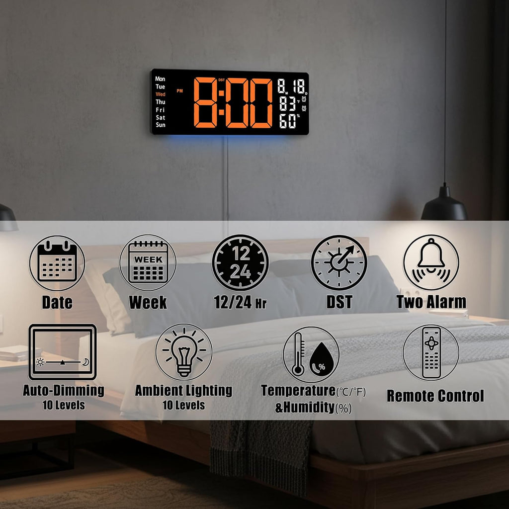 17.5 Inch Orange LED Digital Wall Clock with 8 Ambient Light Colors｜Displays Time,Date,Day,Temperature&Humidity,Dual Alarms,Countdown&Stopwatch,DST,10-Level Auto/Manual Brightness｜Modern Silent Clock