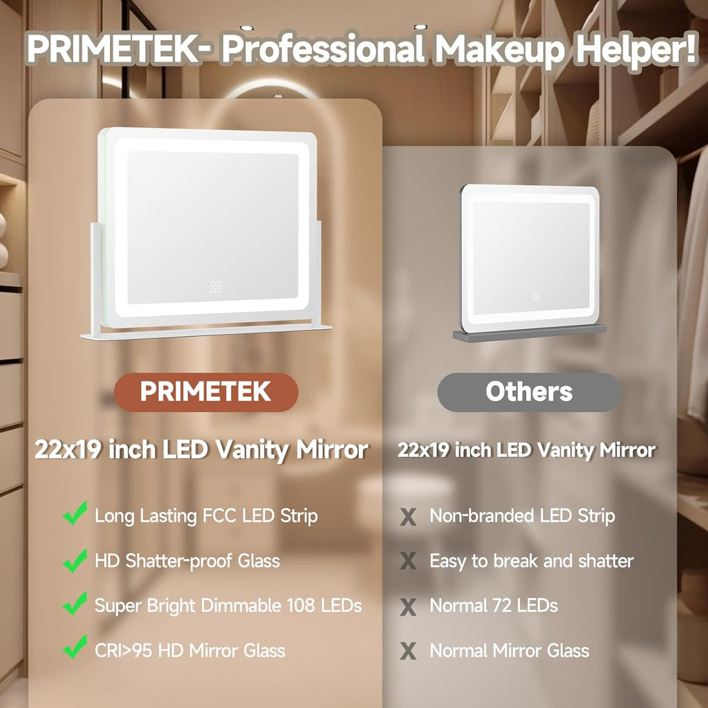 PRIMETEK Vanity Mirror with Lights, 22"x19" Large Makeup Mirror with Lights, Hollywood LED Lighted Makeup Mirror, Touch Sensor with 3-Color Lighting, Dimmable for Vanity Desk Tabletop, Bedroom, White