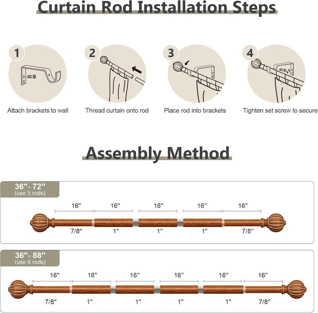 2 Pack Reddish-Brown Wood Curtain Rods for Windows 48 to 84 Inch, 1'' Adjustable Heavy Duty Curtain Rod，Vintage Imitation Wood Decorative Drapery Rods with Pumpkin Finials for Living Room