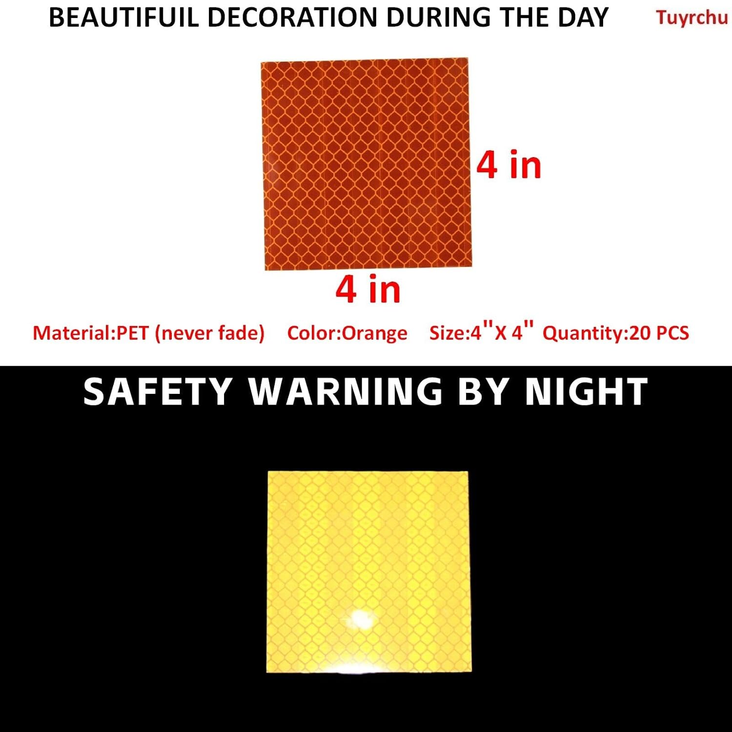 Non Fading Orange Reflective Stickers 4 inch X 4 inch, Outdoor Waterproof High Visibility Warning Safety Adhesive Reflector Tape (20 Pcs)