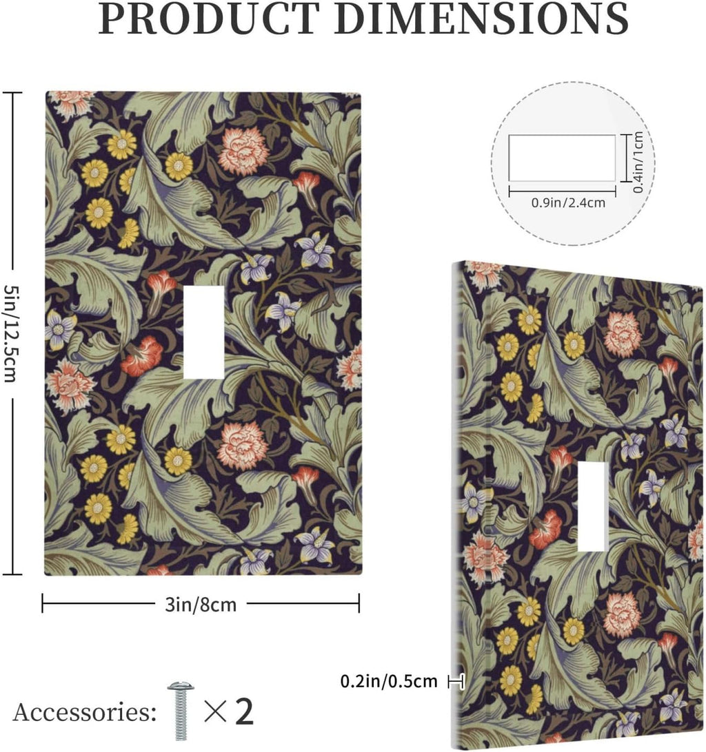Boho William Morris Floral Green Leaves Flower Decorative Light Switch Cover 1 Gang Single Toggle Device Electrical Faceplate Switchplates Decorator Outlet Wall Plate for Farmhouse Home Decor