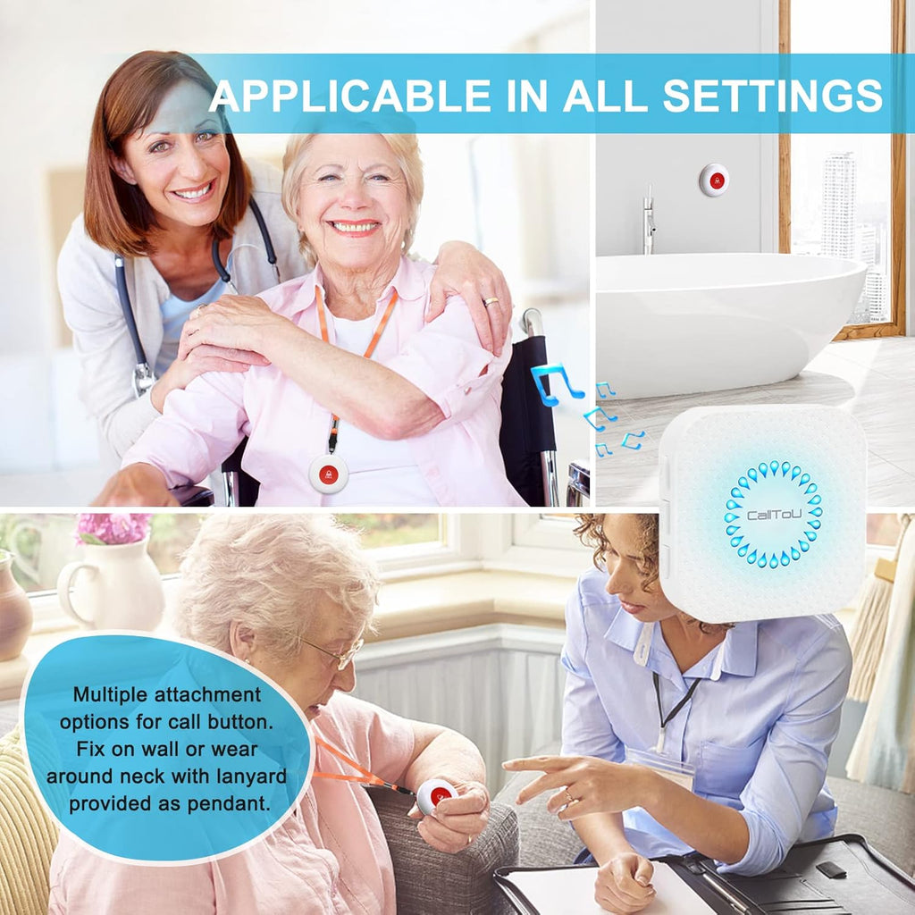 CallToU Wireless Caregiver Pager Call Button for Hard of Hearing Waterproof 500+ FT Nurse Alert System Elderly Monitoring Patient/Seniors 3 Panic Button 1 Plug-in 1 Vibration Receiver