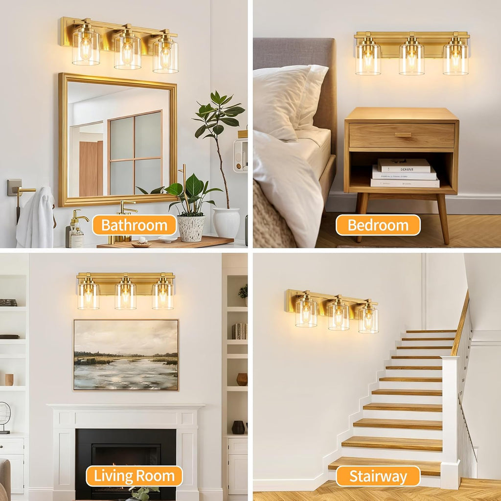 3 Light Modern Bathroom Light Fixtures Over Mirror, Brass Finish Vanity Lights for Bathroom Wall Sconces with Clear Glass Shades, E26 Socket (Bulbs Not Included)