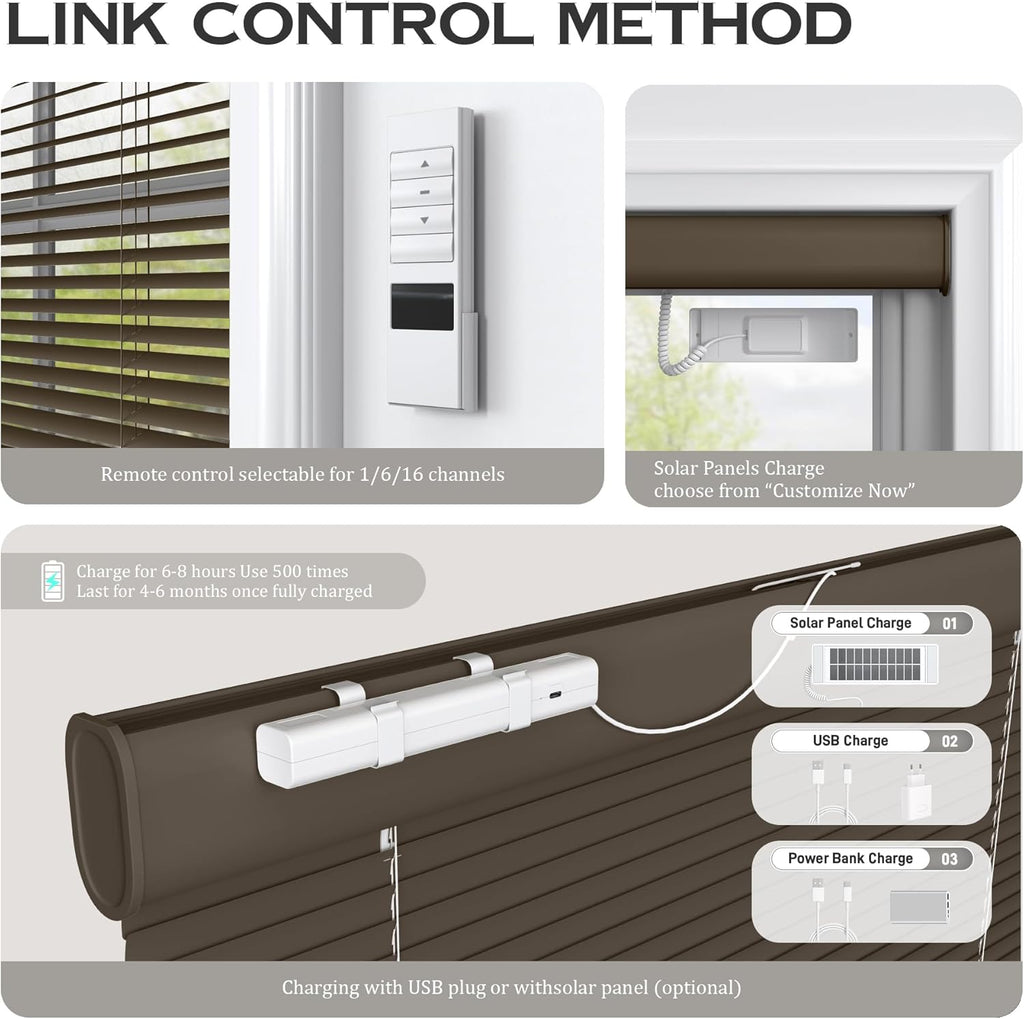Motorized Cordless Aluminum Blinds with Remote, Automatic Room Darkening Horizontal Blinds for Indoor Windows, Light Adjustment Waterproof Blinds, Customized for Home Office, Brown