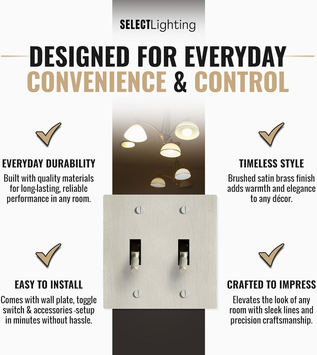 Select 15A 120V AC 2-Gang Toggle Switch, Vintage Satin Nickel Plated Single Pole 3 Way Compatible Wall Mount Toggle Switch, Included Faceplate & Switch Module, UL Listed