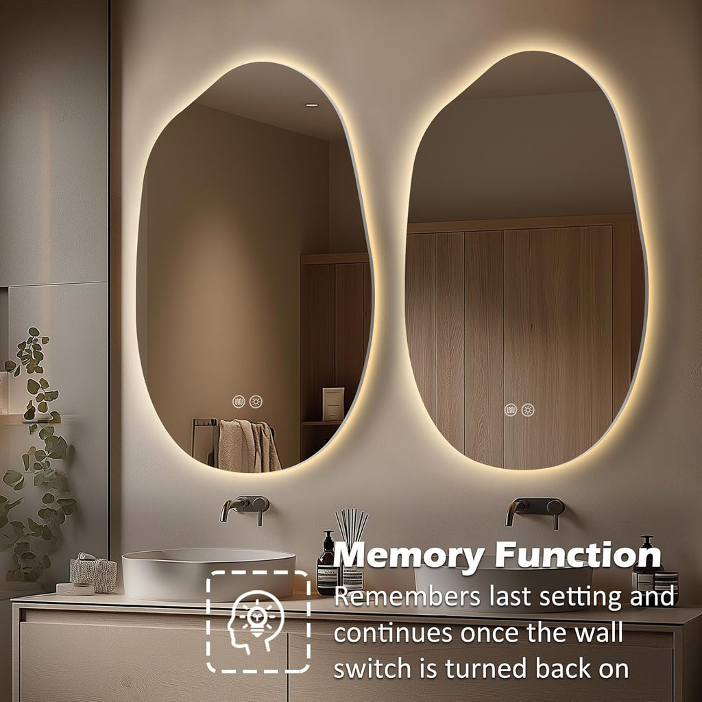 LED Bathroom Mirror with Lights 26x38, Stepless Dimmable Irregular Backlit Mirror with 3 Colors, Anti-Fog, Memory, Al-Alloy Lampshade, Frameless Vanity Mirror for Bathroom (Horizontal/Vertical)