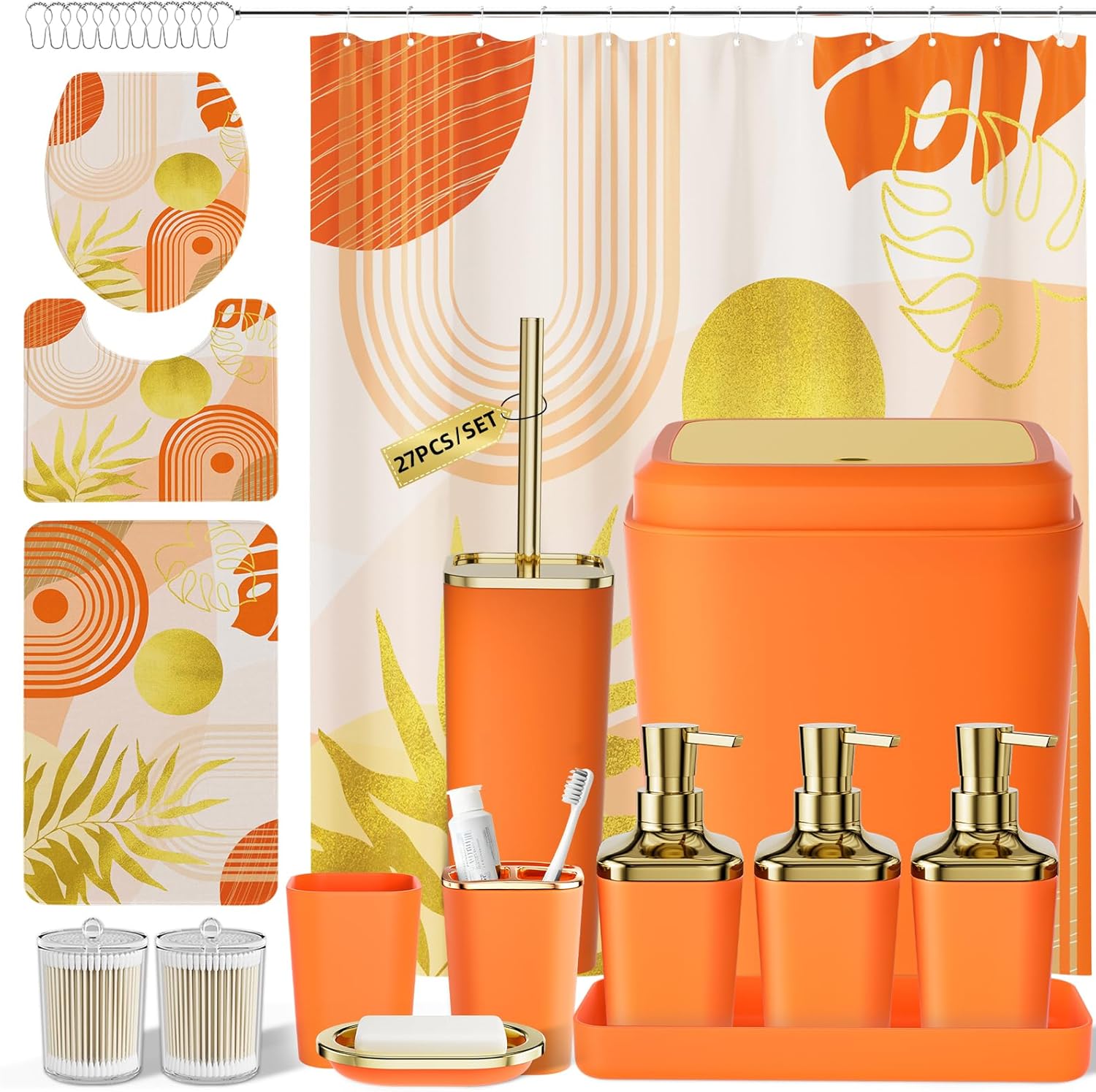 Bathroom Set - Bathroom Sets with Shower Curtain and Rugs, Bathroom Accessory Set, Orange Bathroom Accessories Set with Trash Can, Toilet Brush and Soap Dispensers