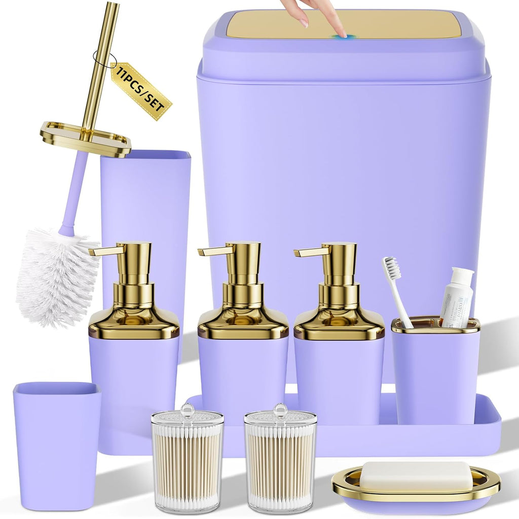 Bathroom Accessory Set, 11PC Bathroom Set, Purple Bathroom Accessories, Bathroom Accessories Set with Trash Can, 3PC Soap Dispensers and Toilet Brush