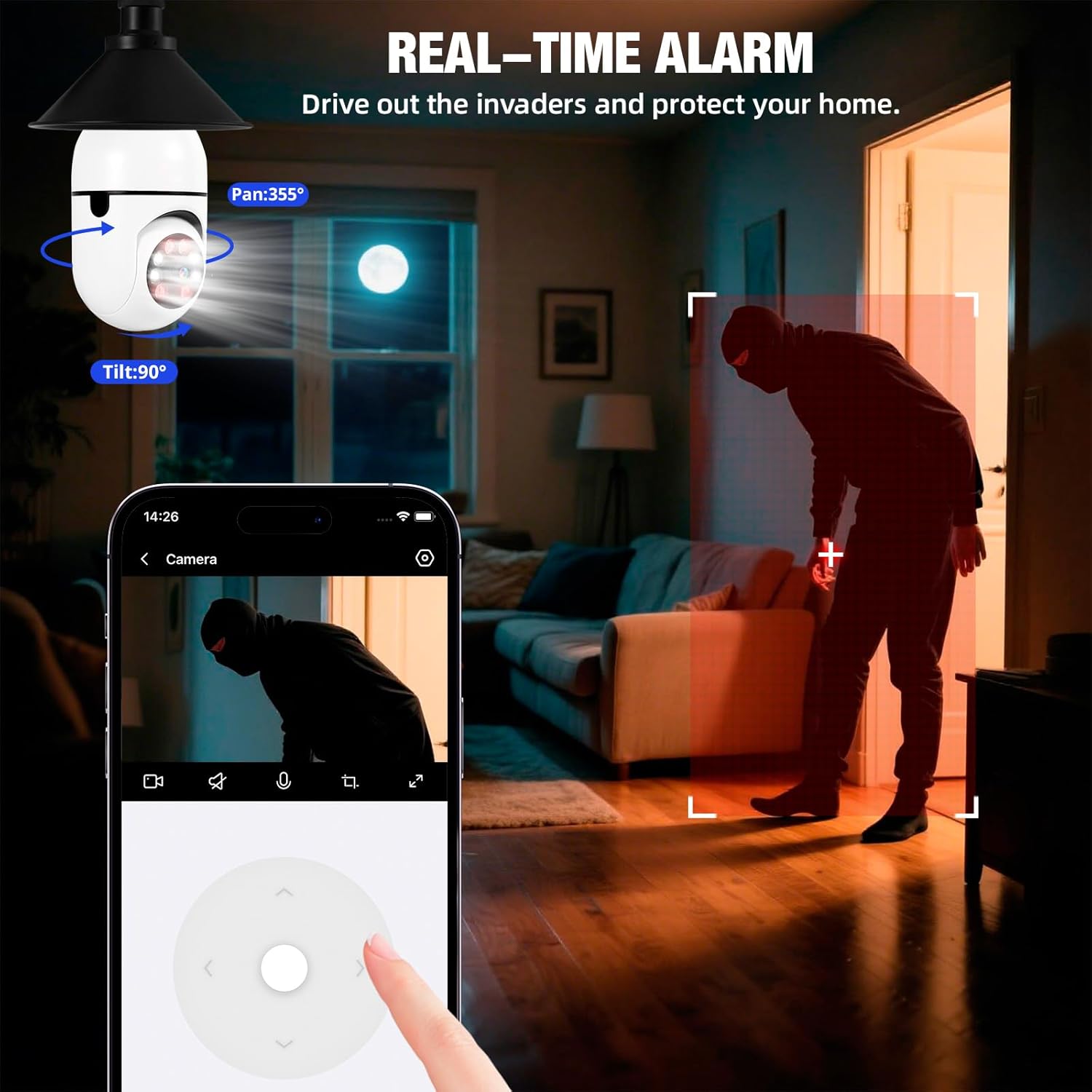 KERUI Light Bulb Camera-2.4GHz WiFi Light Socket Camera Outdoor， 2K Light Bulb Security Camera Wireless Outdoor Motion Detection and Alarm, Two-Way Talk, Color Night Vision