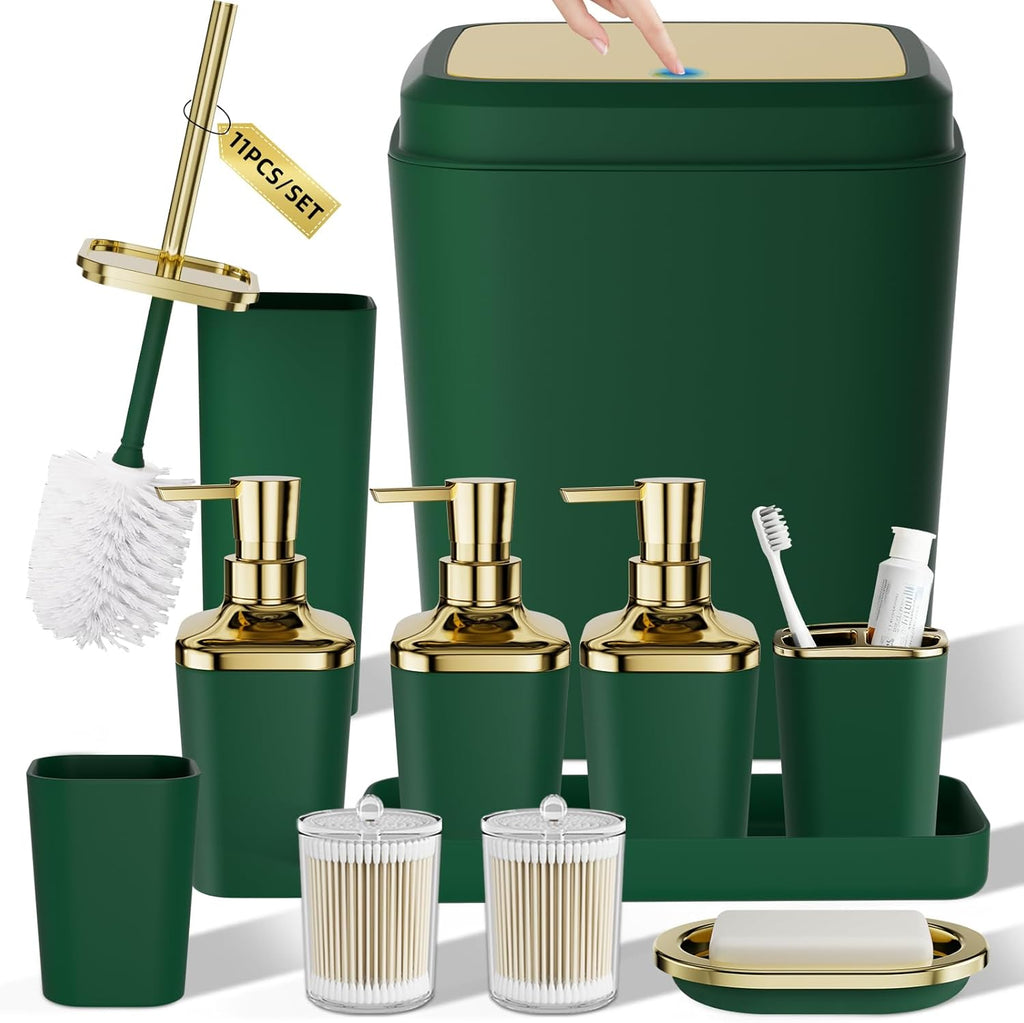 Bathroom Accessory Set, 11PC Bathroom Set, Green Bathroom Accessories, Bathroom Accessories Set with Trash Can, 3PC Soap Dispensers and Toilet Brush