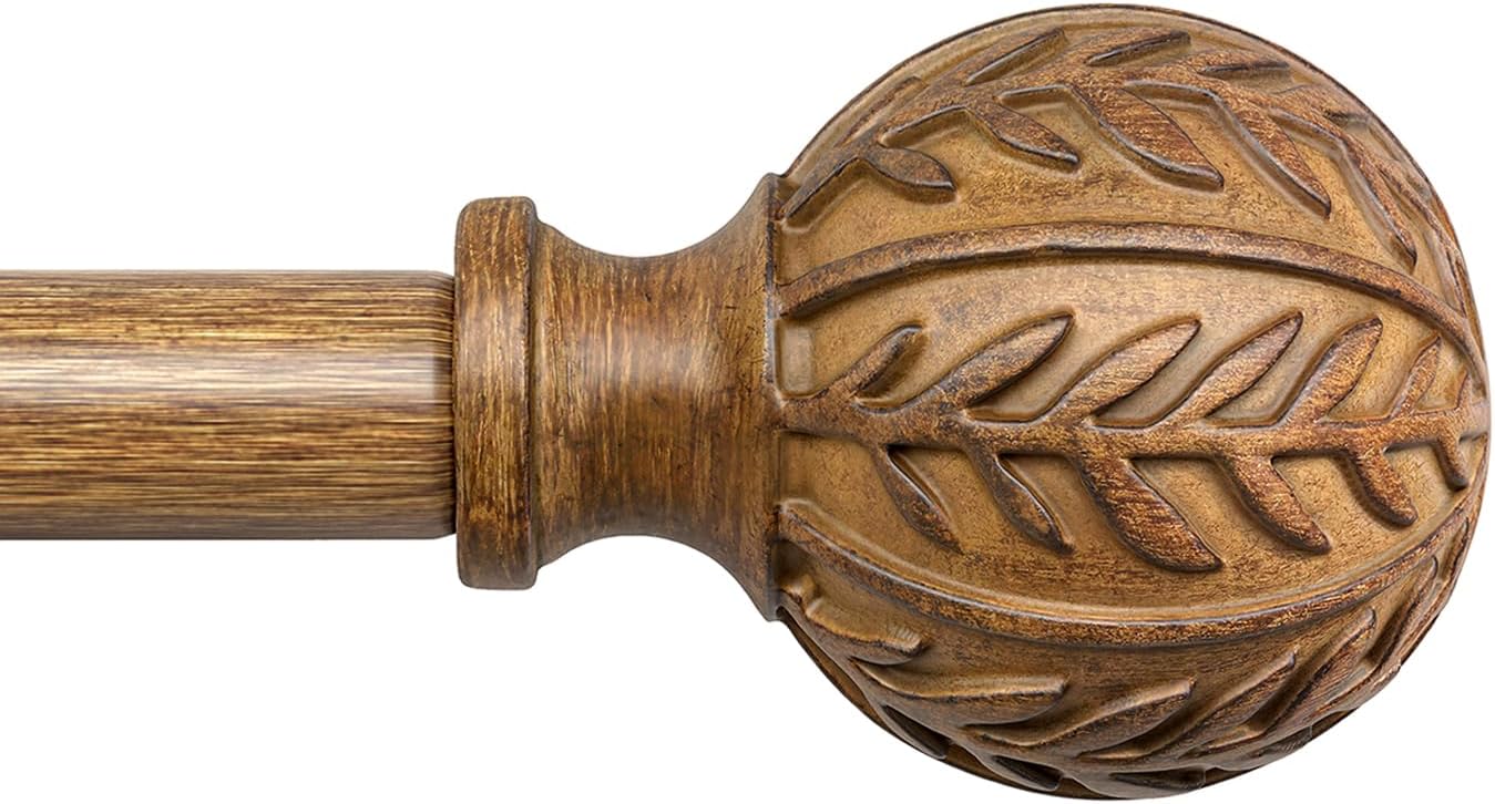 Boho Wood Curtain Rods for Windows 28 to 48 inch,1" Adjustable Heavy Duty Window Curtain Rod with Imitation Wood Grain Finials,Rustic Decorative Drapery Rods Set,Size:18-60'',Natural Wood