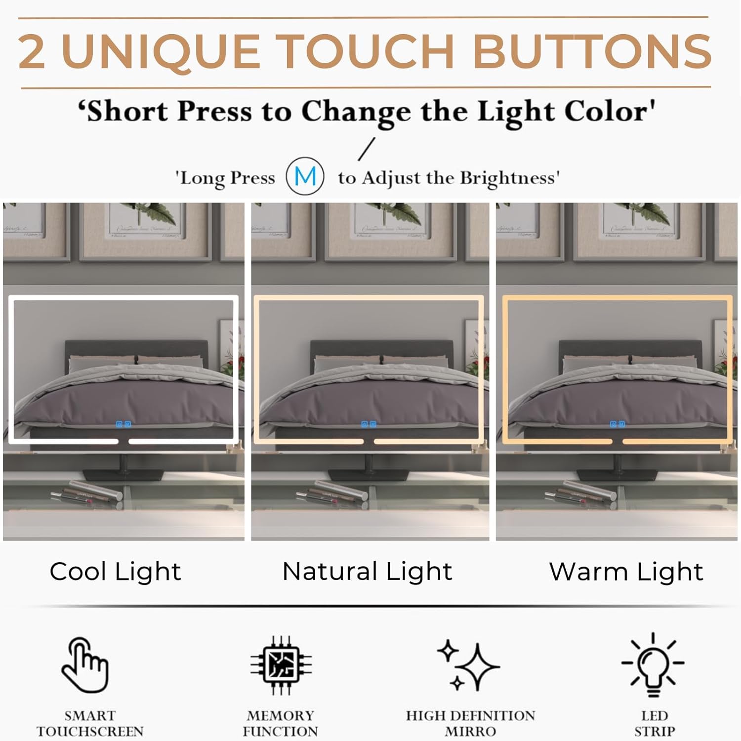 Vanity Mirror with Lights, 23.27 x 17.7 Inch LED Makeup Mirror, Lighted Makeup Mirror with Dimmable 3 Modes, Smart Touch Control, Aluminum Frame and Tempered Glass Base, Bronze