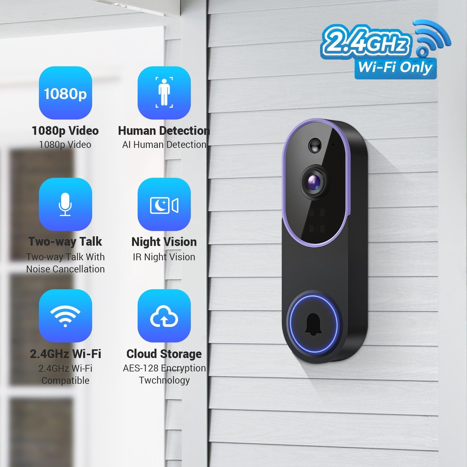 1080P Smart Video Doorbell Camera with Motion Detection, Night Vision, Cloud Storage, Two-Way Talk, Battery Powered, Home or Business Security, 2.4GHz Wi-Fi(Excluding Receiver)