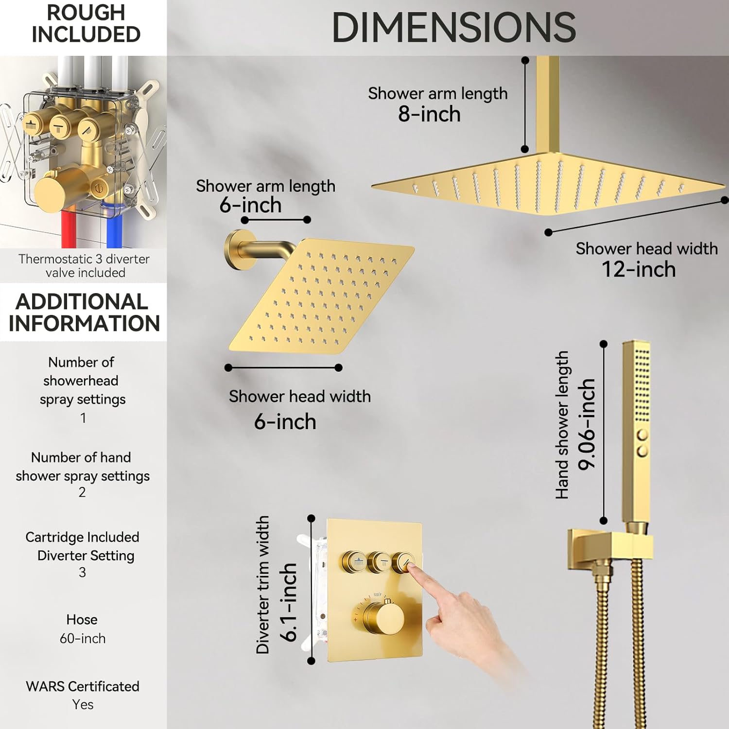 Brushed Gold Shower System, STARBATH Ceiling Mounted 10+6 Inch Rainfall Shower Head with 2 in 1 High Pressure Handhled, Can Use All at Once, Push Button Diverter Thermostatic Valve with Trim Kit