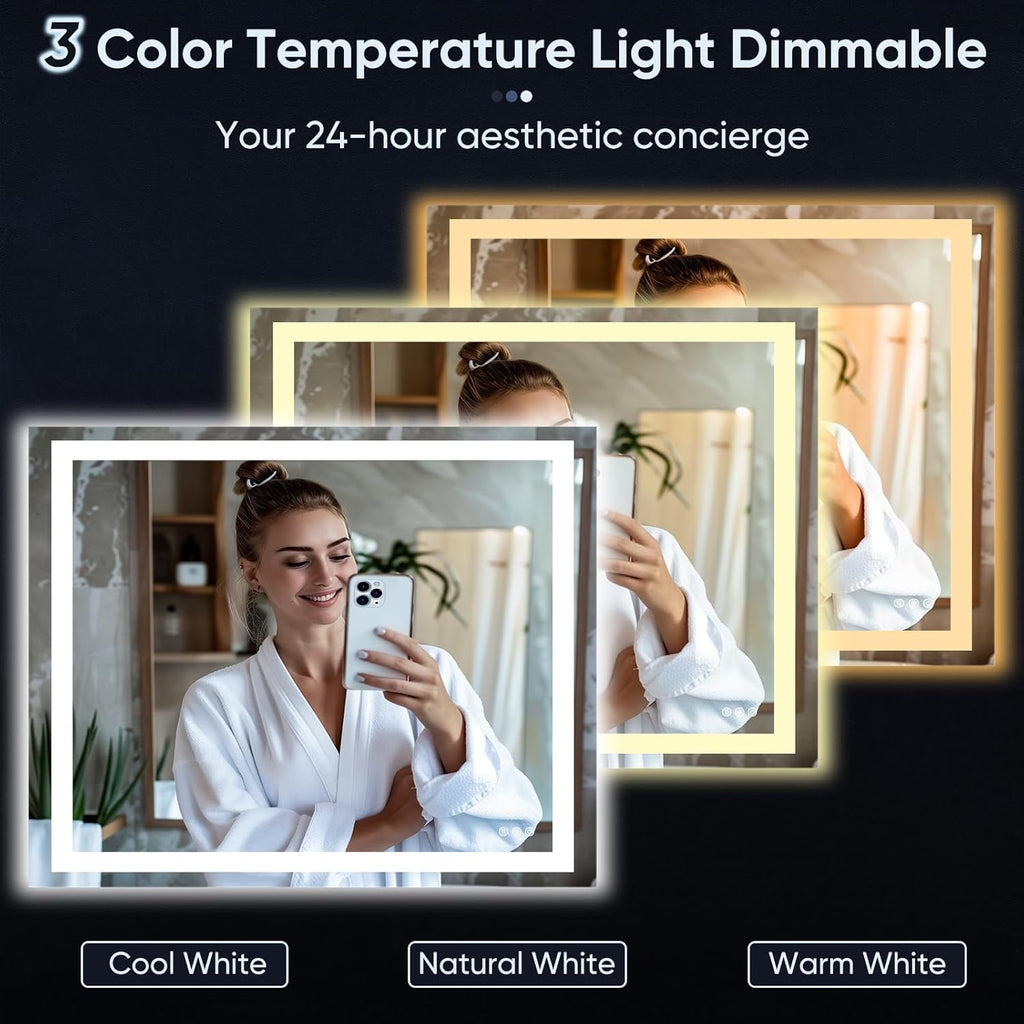 LED Bathroom Mirror, 40"x32" with Frontlit and Backlit Anti-Fog Mirror with Lights LED Vanity Mirror for Bathroom 3 Colors Temperature & Dimmable Bathroom Mirror with HD Tempered Glass