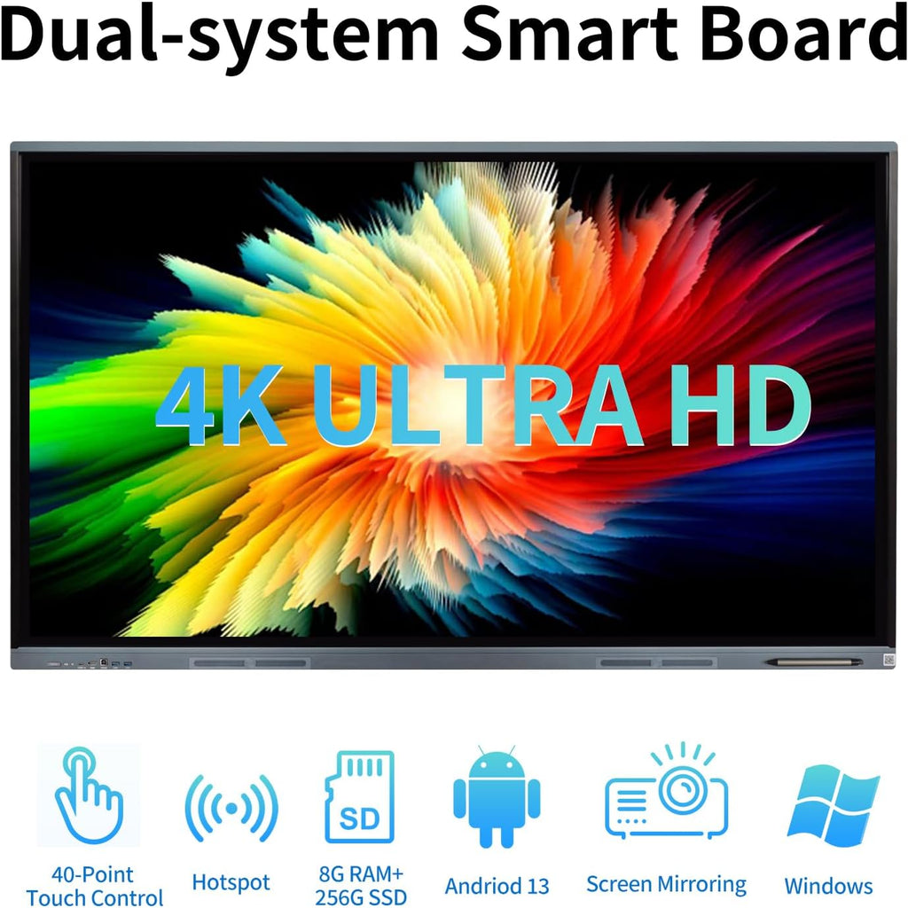 Smart Board 65 Inch Whiteboard Smartboard Interactive Whiteboard, Digital Smart White Board Support Dual System Smartboard for Office Home Business(Wall Mount Included)