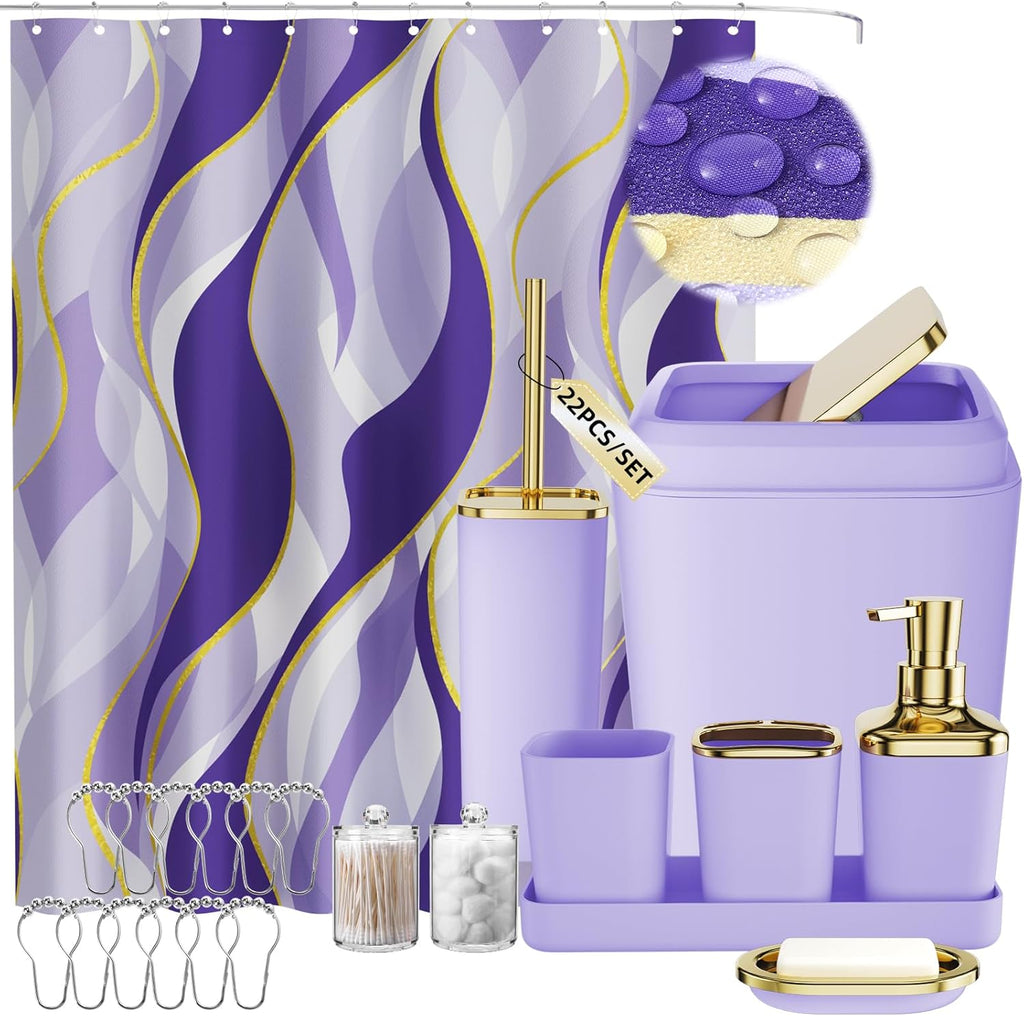 Purple Bathroom Accessories, Bathroom Sets with Stripe Shower Curtain, Purple and Gold Bathroom Accessories Set with Trash Can, Soap Dispenser, Soap Dish, Qtip Holders for Bathroom