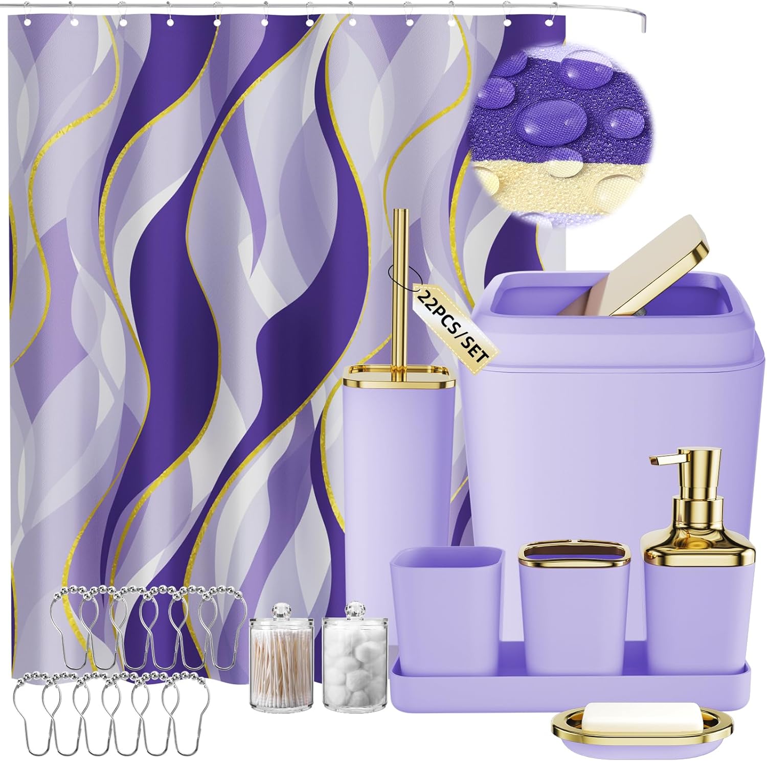 Purple Bathroom Accessories, Bathroom Sets with Stripe Shower Curtain, Purple and Gold Bathroom Accessories Set with Trash Can, Soap Dispenser, Soap Dish, Qtip Holders for Bathroom