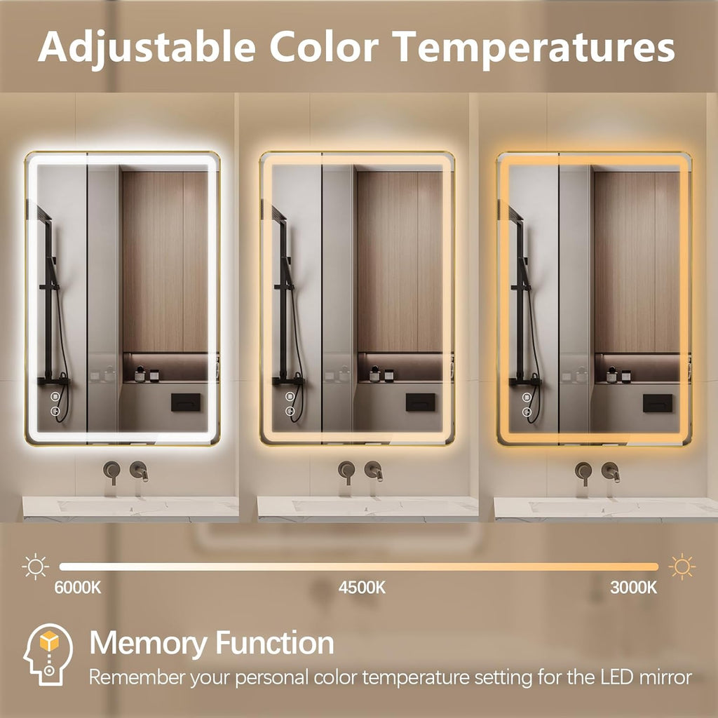 Niccy LED Bathroom Mirror with Lights, 36"x24" Vanity Mirror for Wall Makeup Mirror with Front and Backlit Anti-Fog 3 Colors and Dimmable Light Smart Rectangle Mirror for Bathroom, Gold
