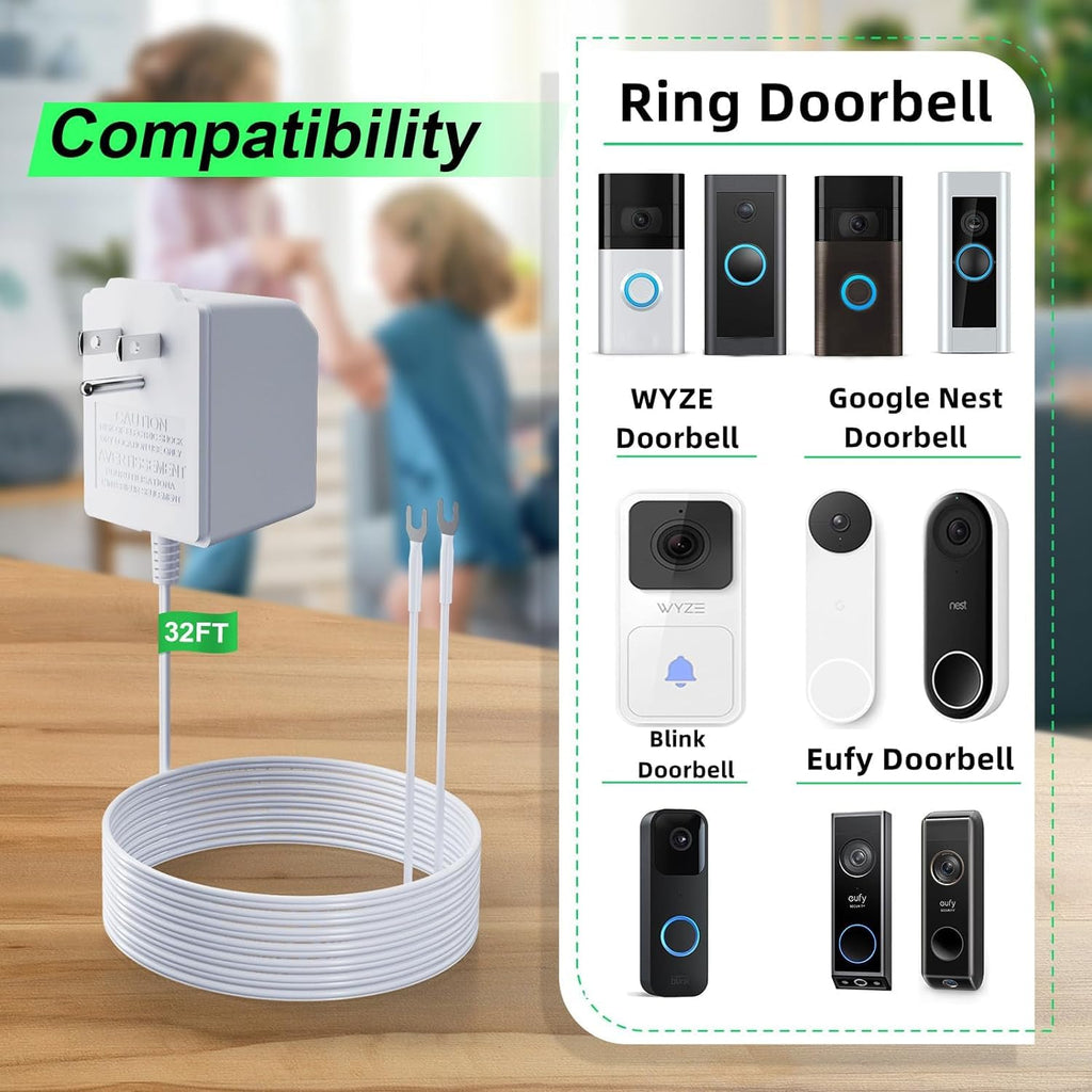 18 Volt Doorbell Transformer Power Supply for Ring Video Doorbell,Compatible with Ring,Google Nest,WYZE, Eufy,Blink Video Doorbells(𝟑𝟑𝐅𝐓 𝐄𝐱𝐭𝐞𝐧𝐬𝐢𝐨𝐧 𝐂𝐨𝐫𝐝)