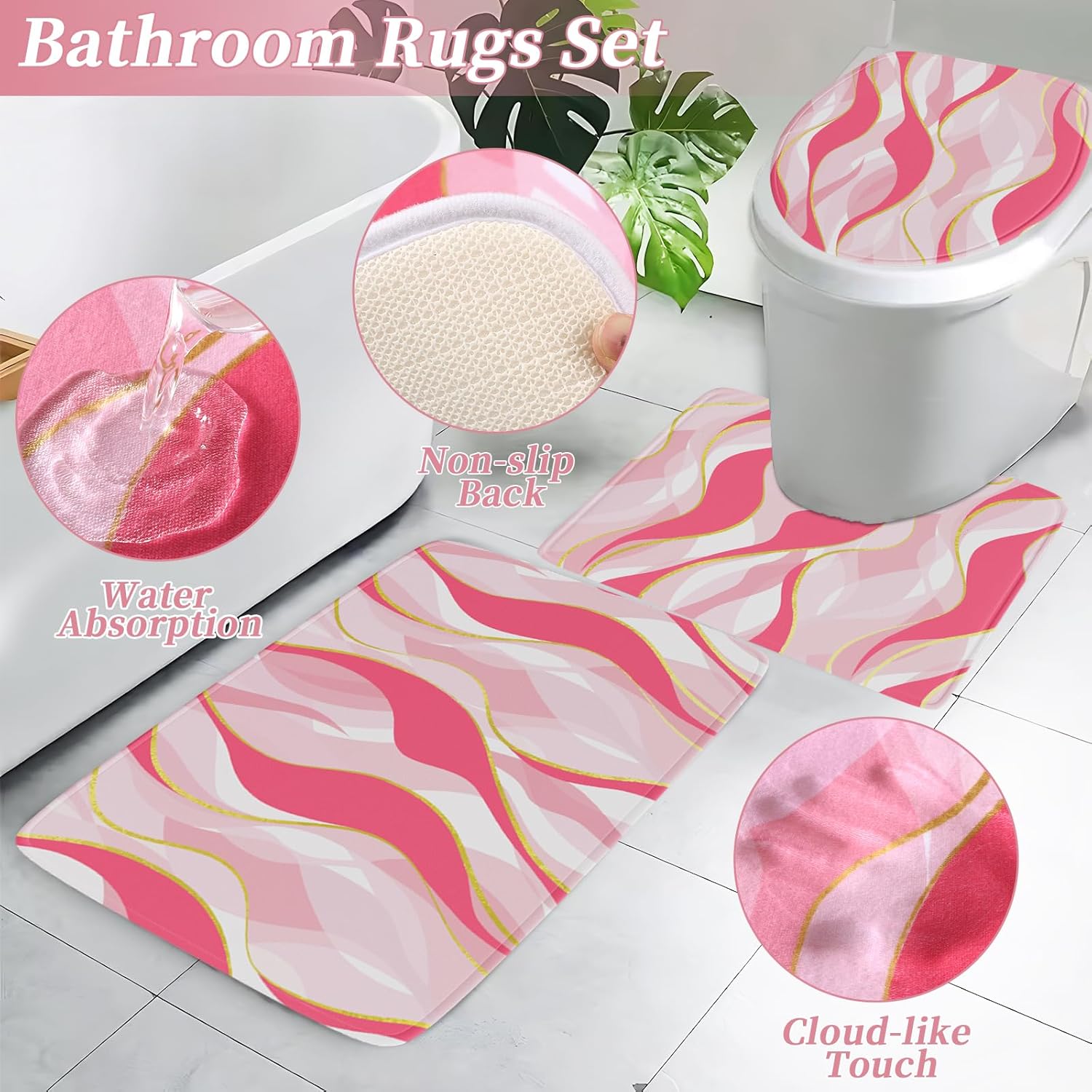Bathroom Set - Pink and Gold Bathroom Accessories, Bathroom Sets with Shower Curtain and Rugs, Pink Shower Curtain Set with Bathroom Trash Can, Soap Dispenser, Soap Dish for Home Decor