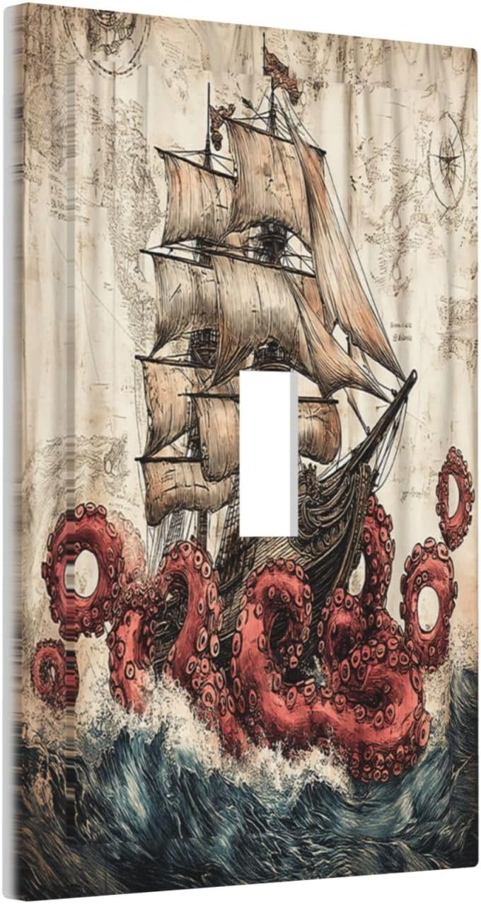 Decorative Light Switch Cover Vintage Octopus Ocean Sailboat Bizarre Adventure 1 Gang Single Toggle Decorator Outlet Wall Plate Device Electrical Faceplate Switchplates for Bathroom Kids room Decor