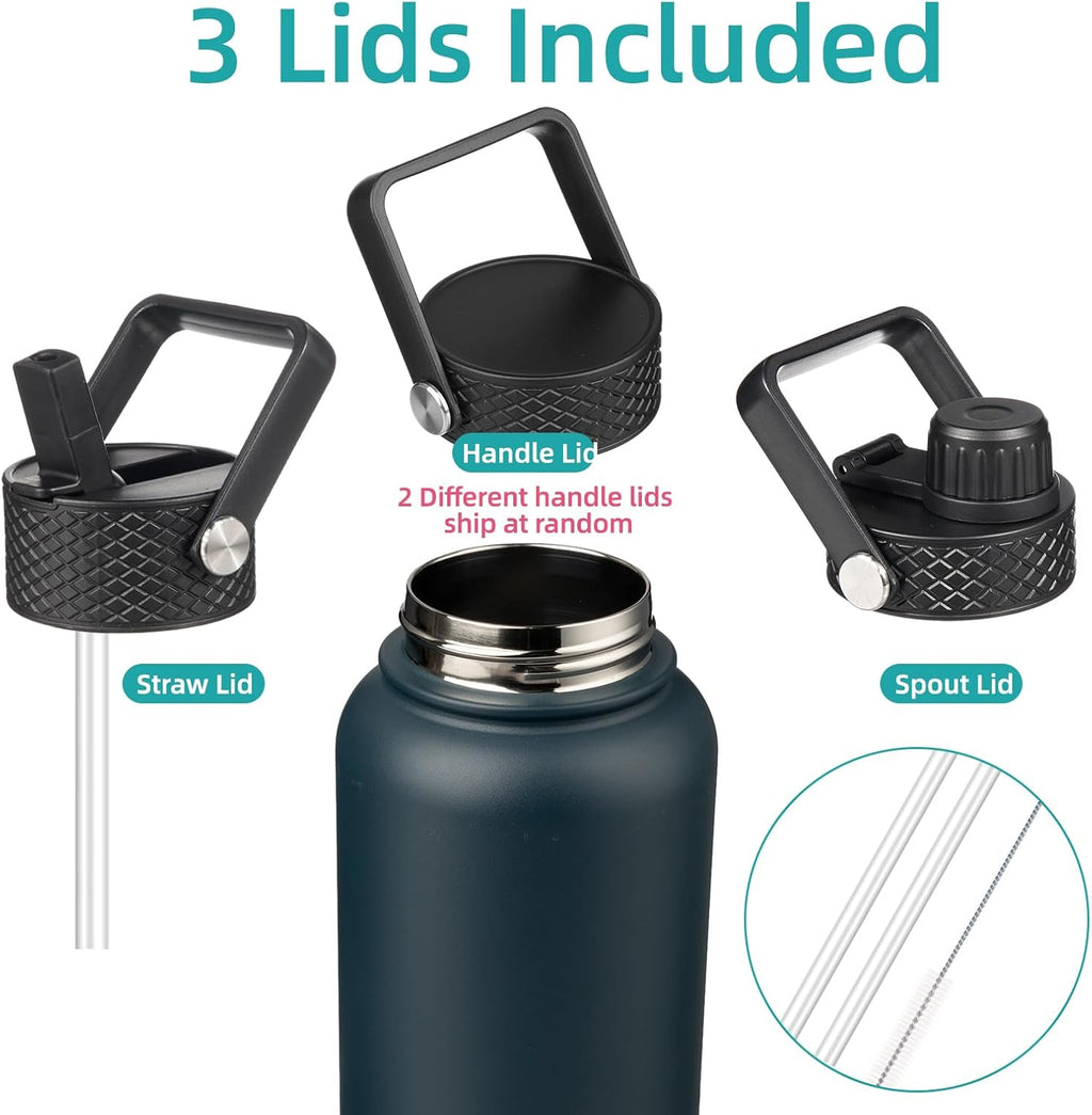 32 oz Insulated Water Bottle Stainless Steel Sport Bottles with 3 Lids,Navy Blue