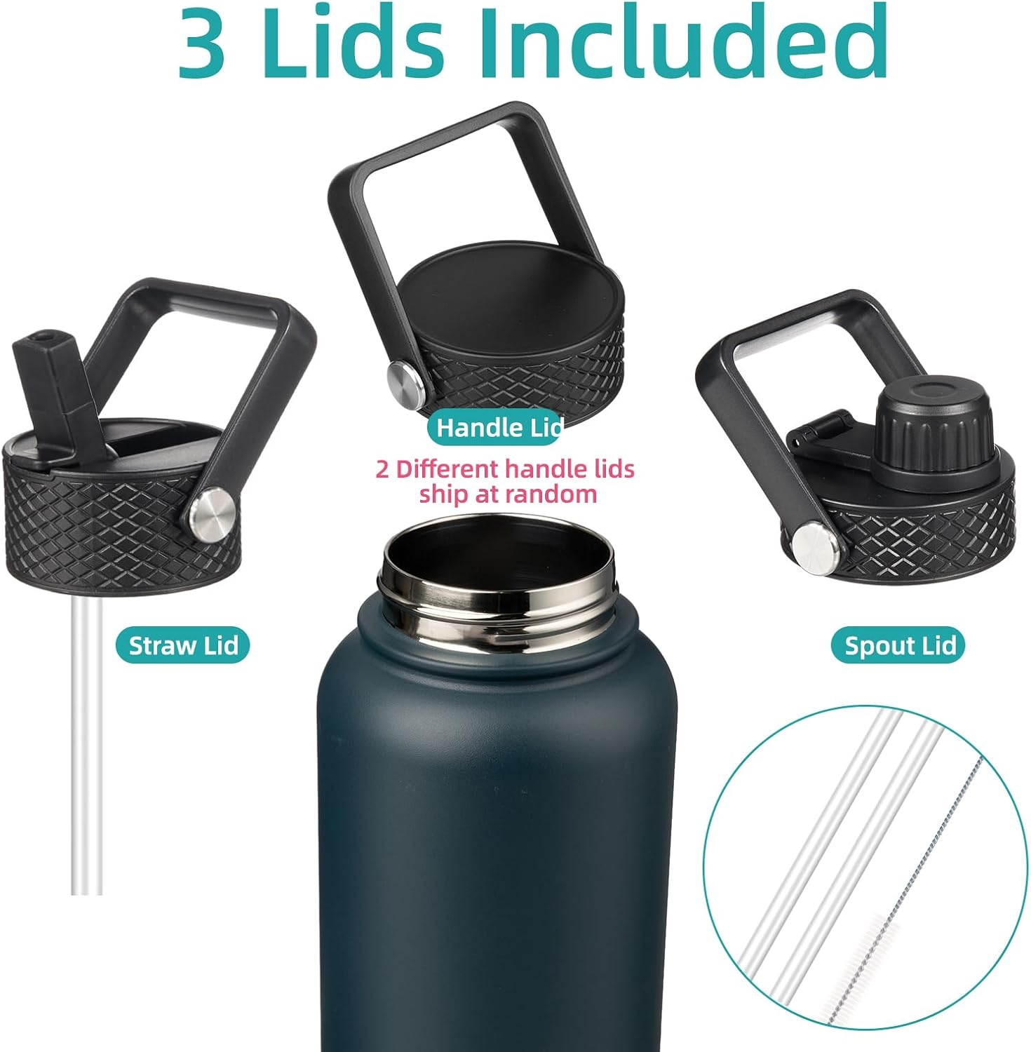 32 oz Insulated Water Bottle Stainless Steel Sport Bottles with 3 Lids,Navy Blue