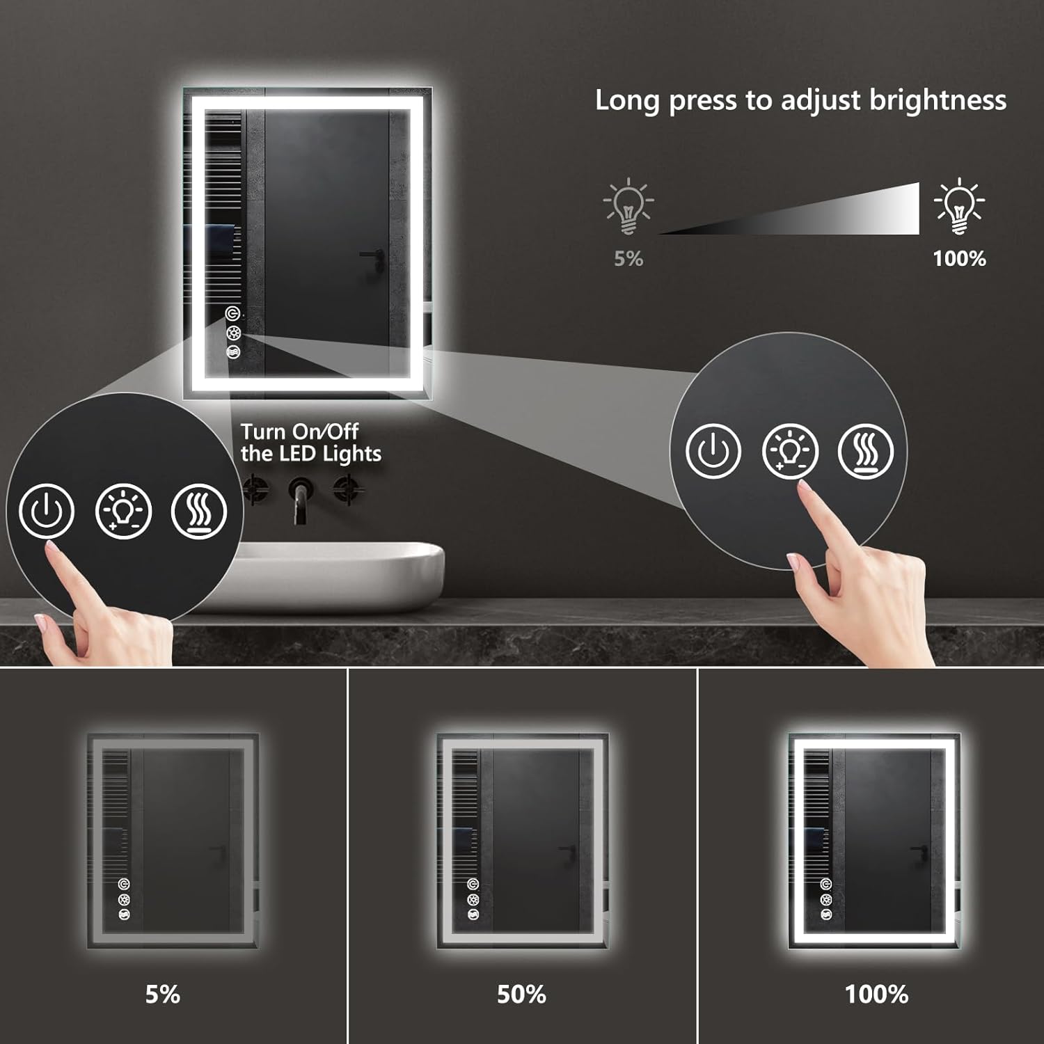 APRILSOUL 24x32 Inch LED Bathroom Mirror with Front and Backlit, Makeup Mirror with 3 Color Lights, Memory Function, Anti-Fog and Dimmable Light (Horizontal/Vertical)